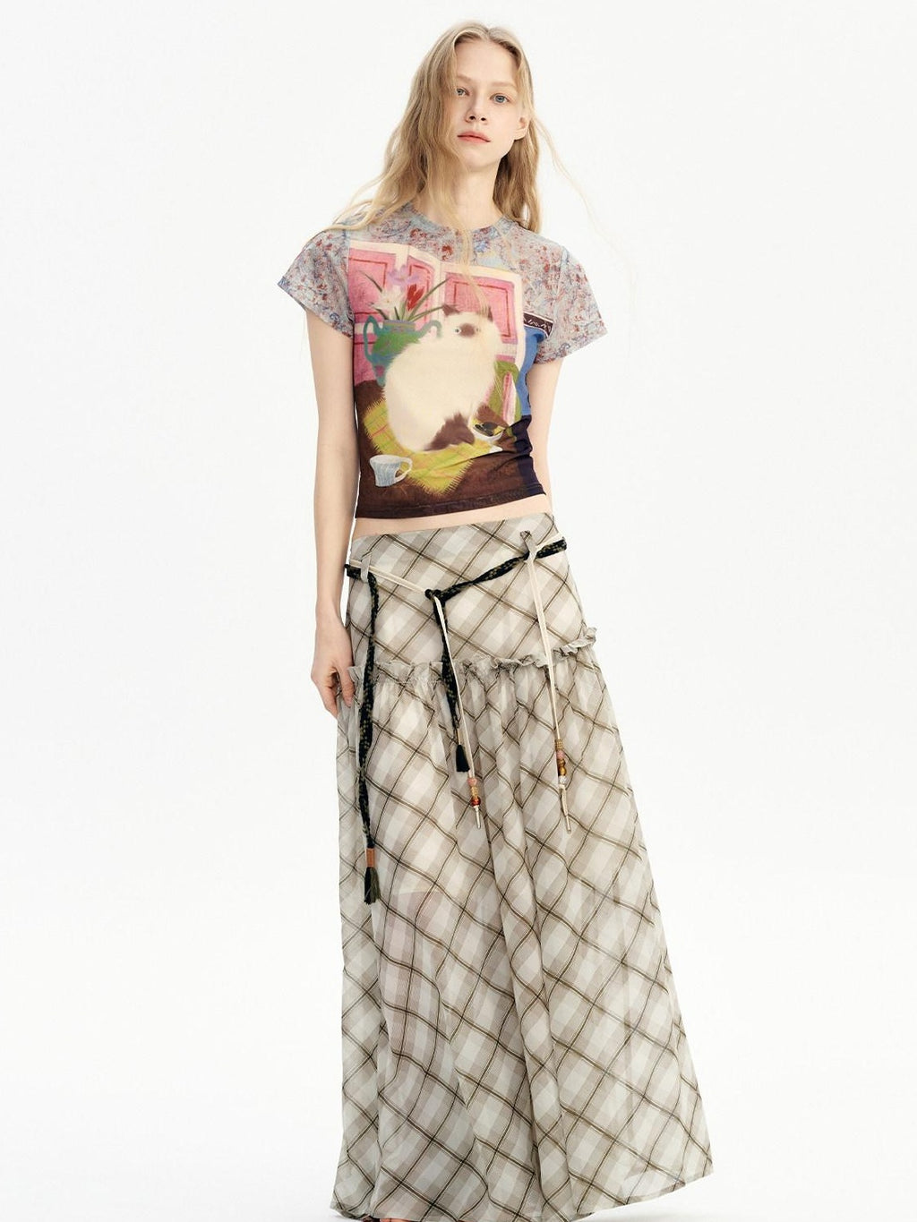 Outthe Blue Mid Rise A Line Loose Fit Plaid Print Belted Youth Polyester Maxi Skirts