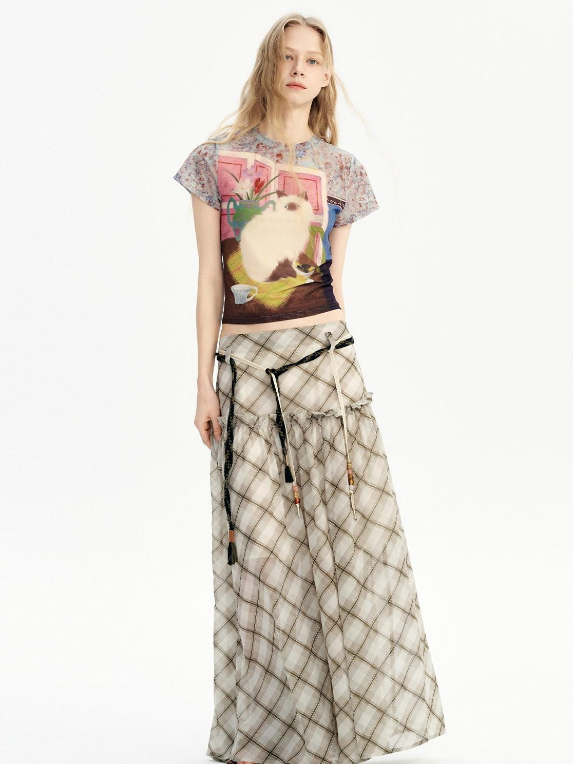 Outthe Blue Mid Rise A Line Loose Fit Plaid Print Belted Youth Polyester Maxi Skirts