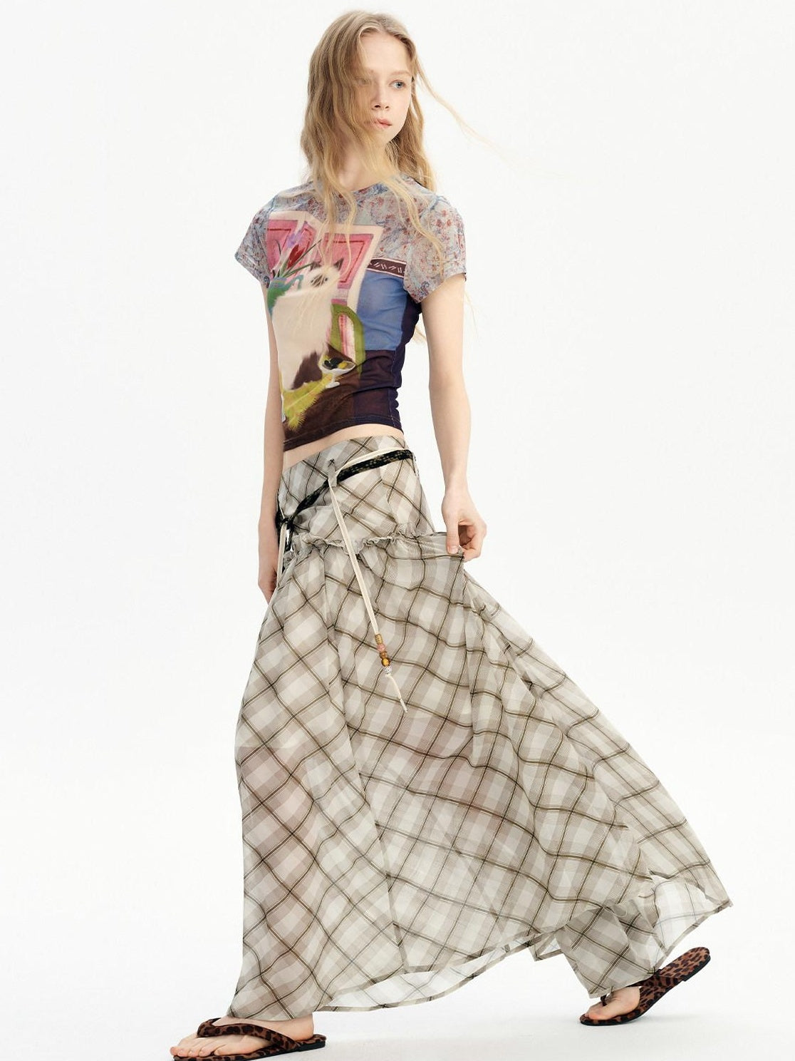Outthe Blue Mid Rise A Line Loose Fit Plaid Print Belted Youth Polyester Maxi Skirts