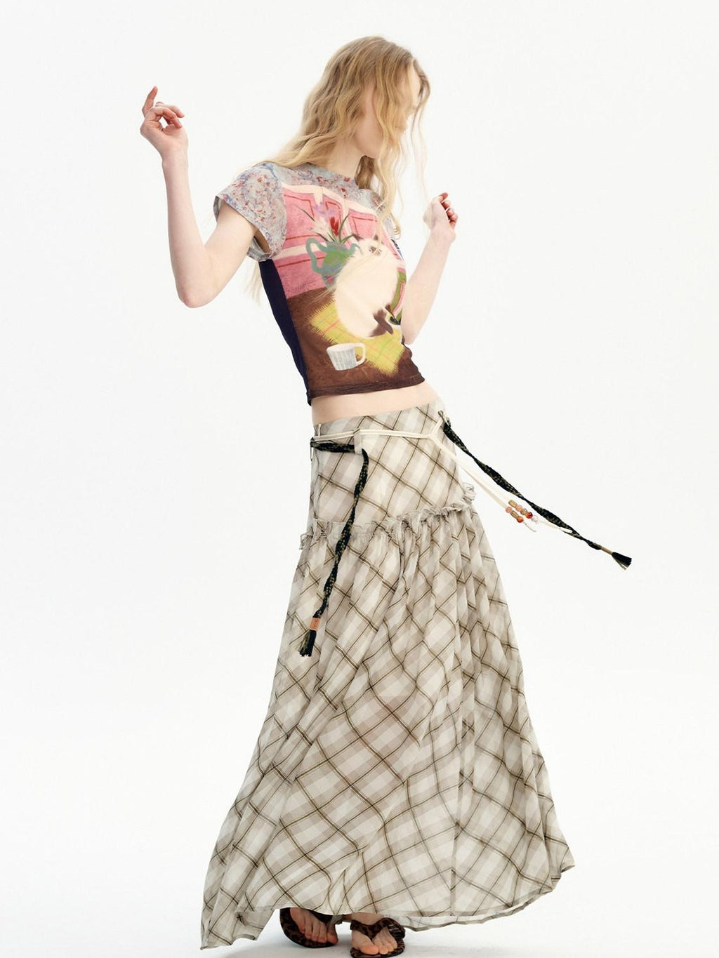 Outthe Blue Mid Rise A Line Loose Fit Plaid Print Belted Youth Polyester Maxi Skirts