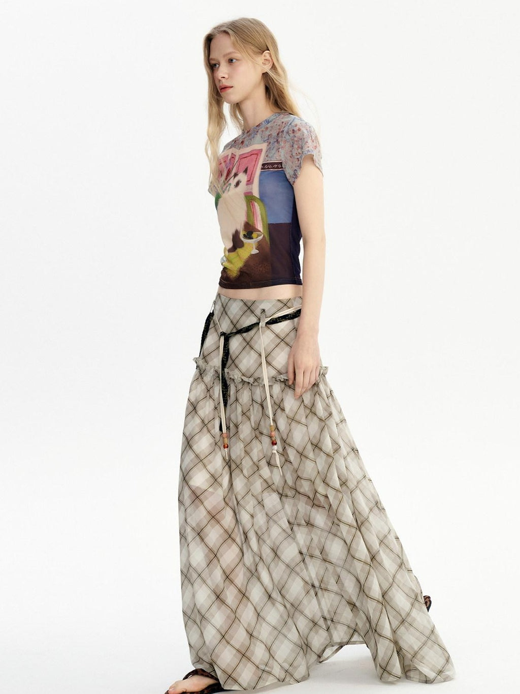 Outthe Blue Mid Rise A Line Loose Fit Plaid Print Belted Youth Polyester Maxi Skirts