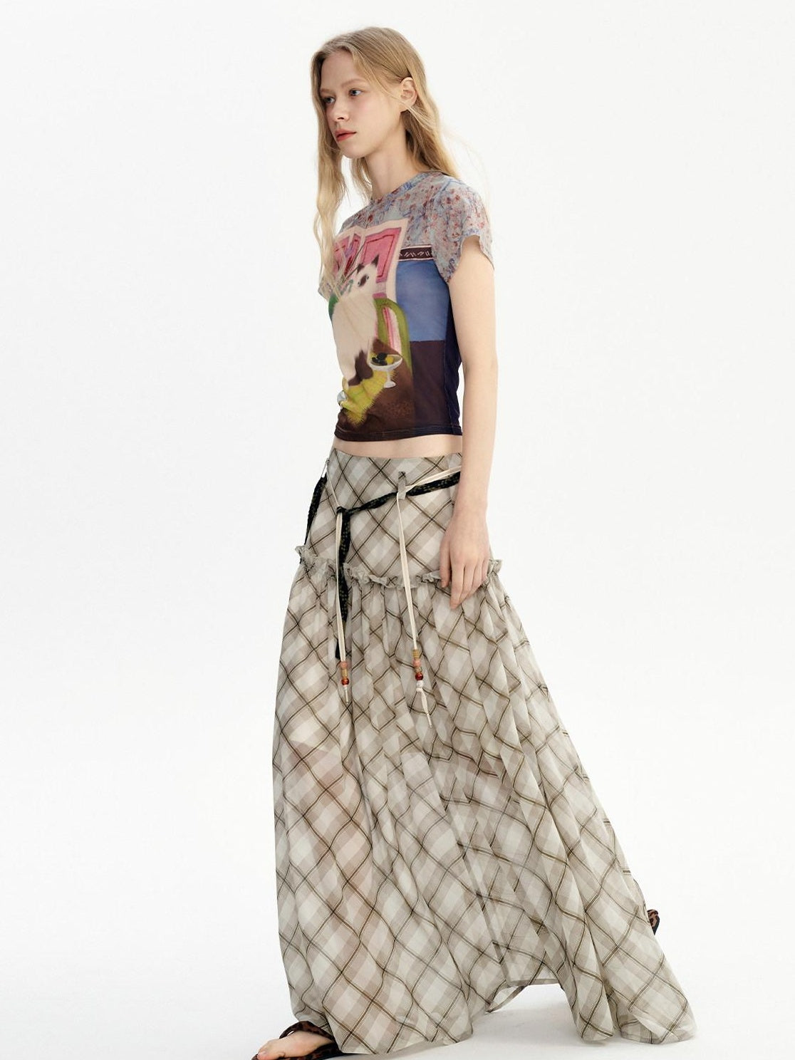 Outthe Blue Mid Rise A Line Loose Fit Plaid Print Belted Youth Polyester Maxi Skirts