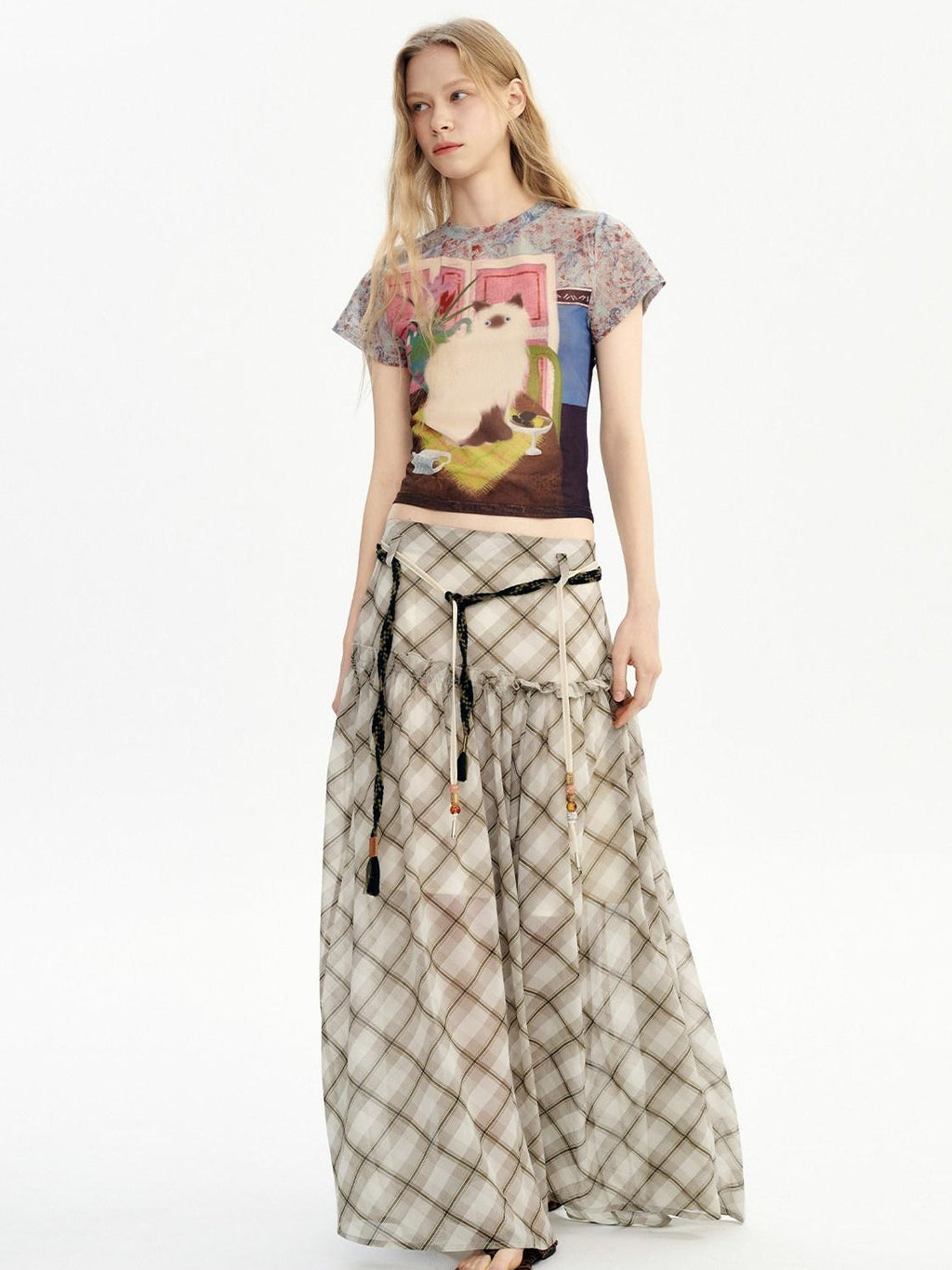 Outthe Blue Mid Rise A Line Loose Fit Plaid Print Belted Youth Polyester Maxi Skirts