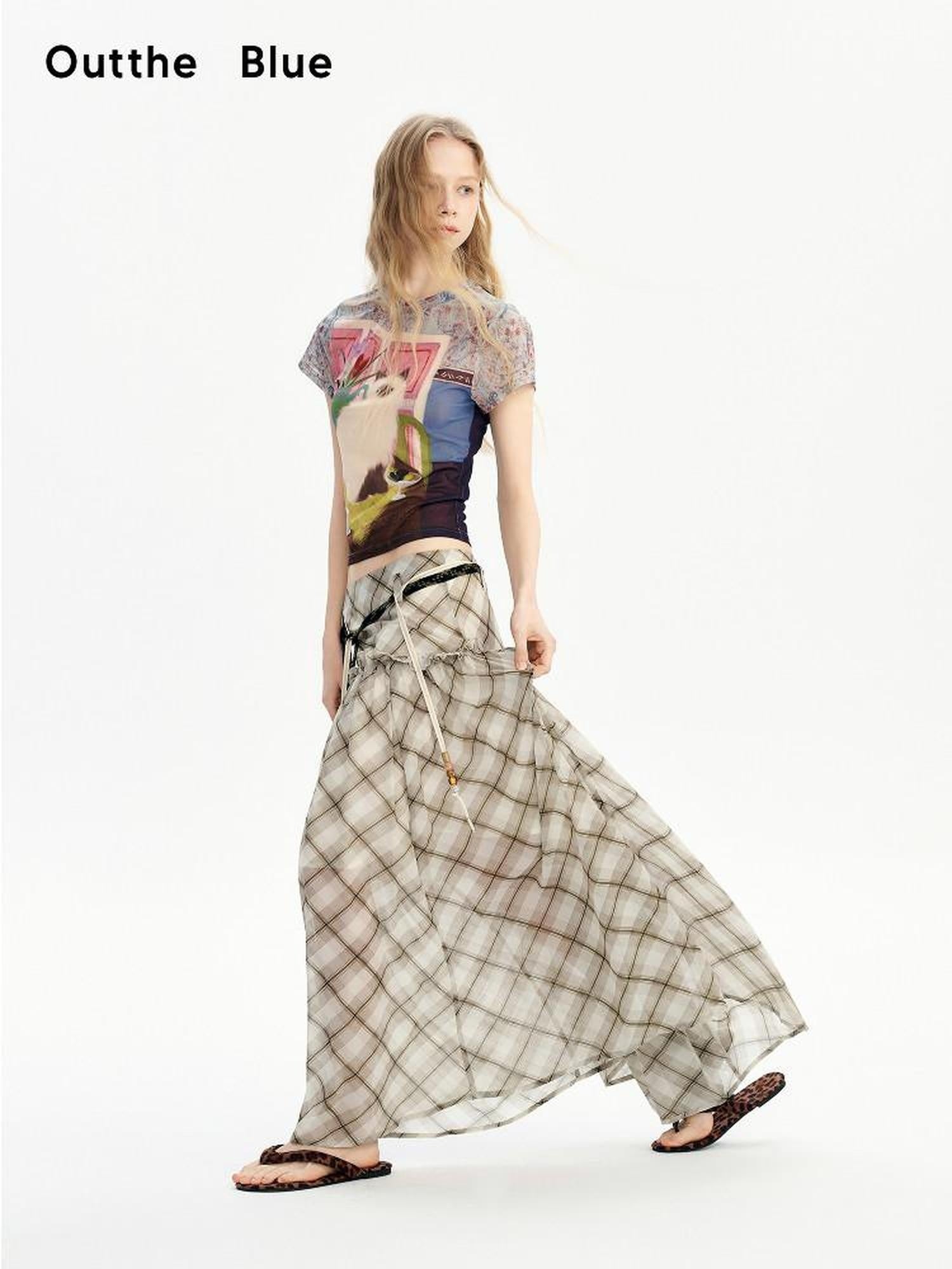 Outthe Blue Mid Rise A Line Loose Fit Plaid Print Belted Youth Polyester Maxi Skirts