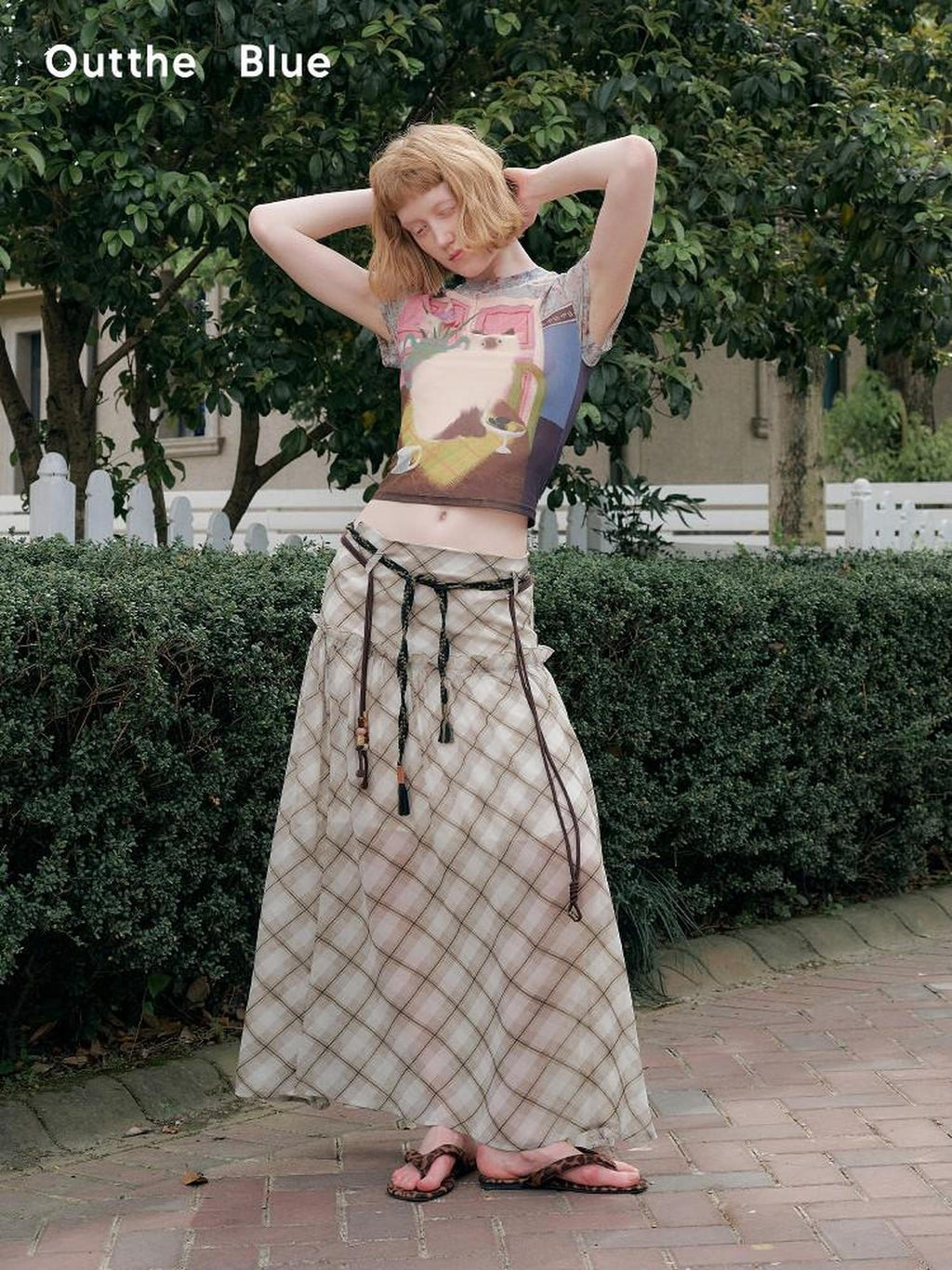 Outthe Blue Mid Rise A Line Loose Fit Plaid Print Belted Youth Polyester Maxi Skirts