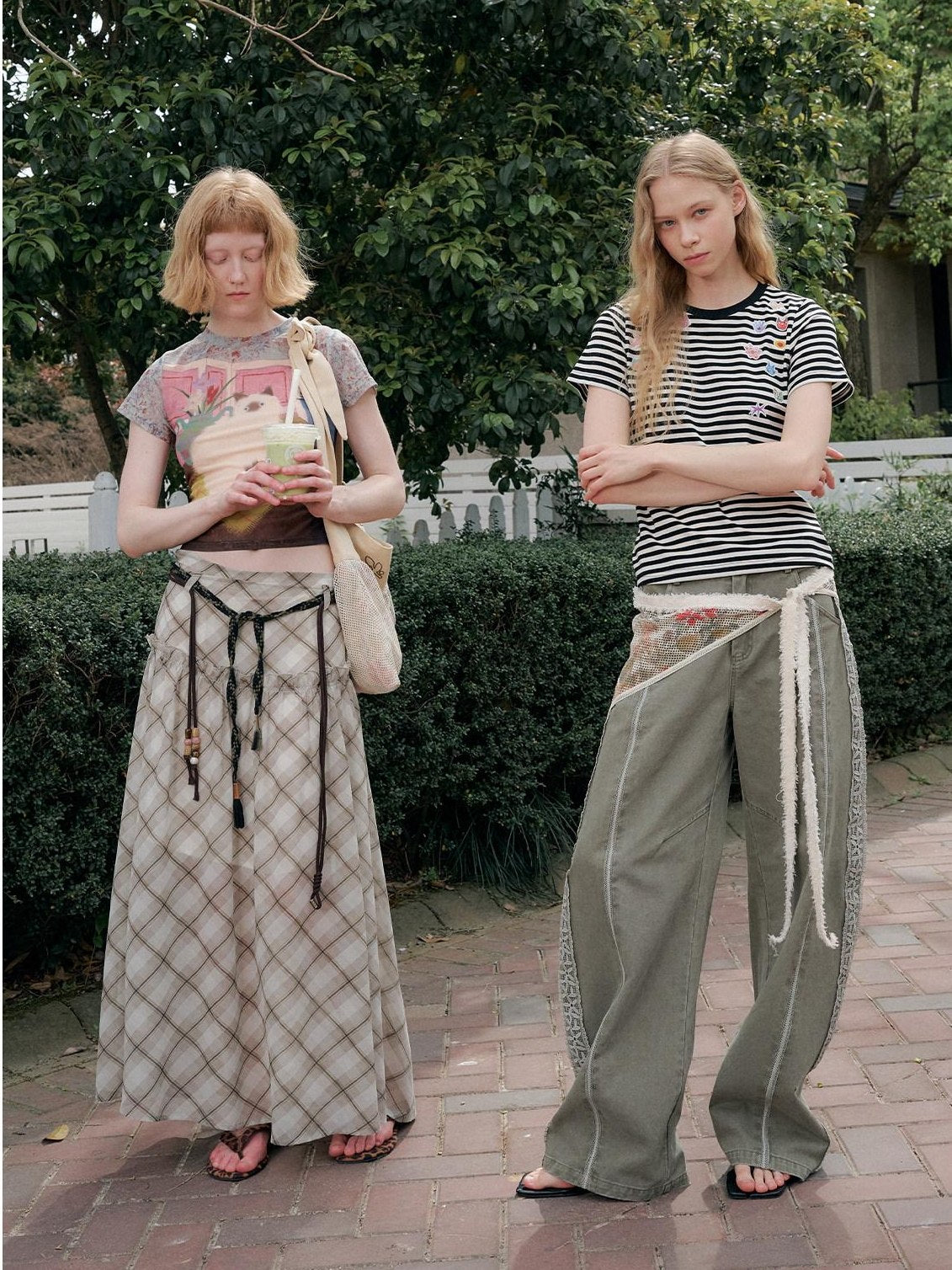 Outthe Blue Mid Rise A Line Loose Fit Plaid Print Belted Youth Polyester Maxi Skirts