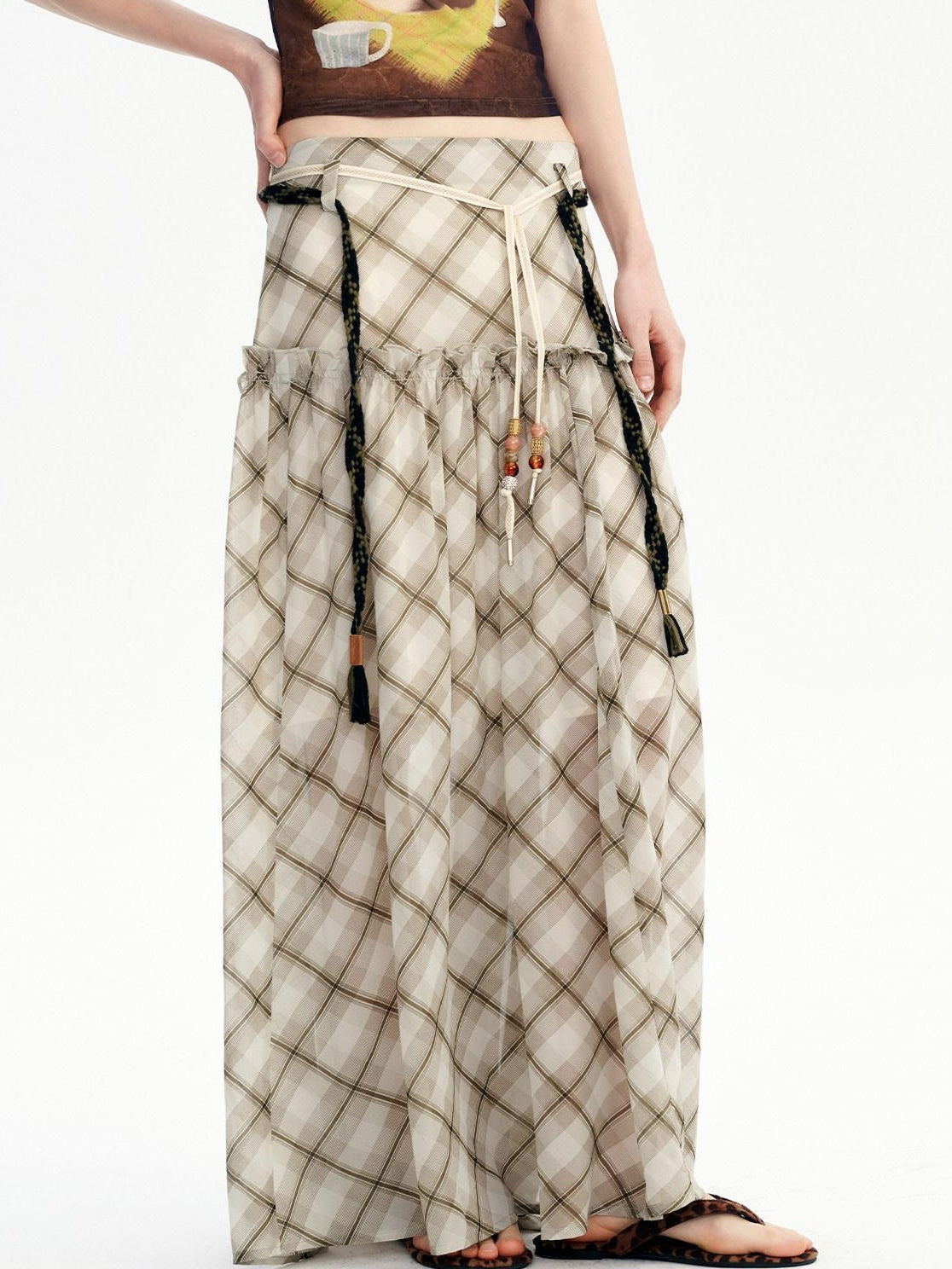 Outthe Blue Mid Rise A Line Loose Fit Plaid Print Belted Youth Polyester Maxi Skirts