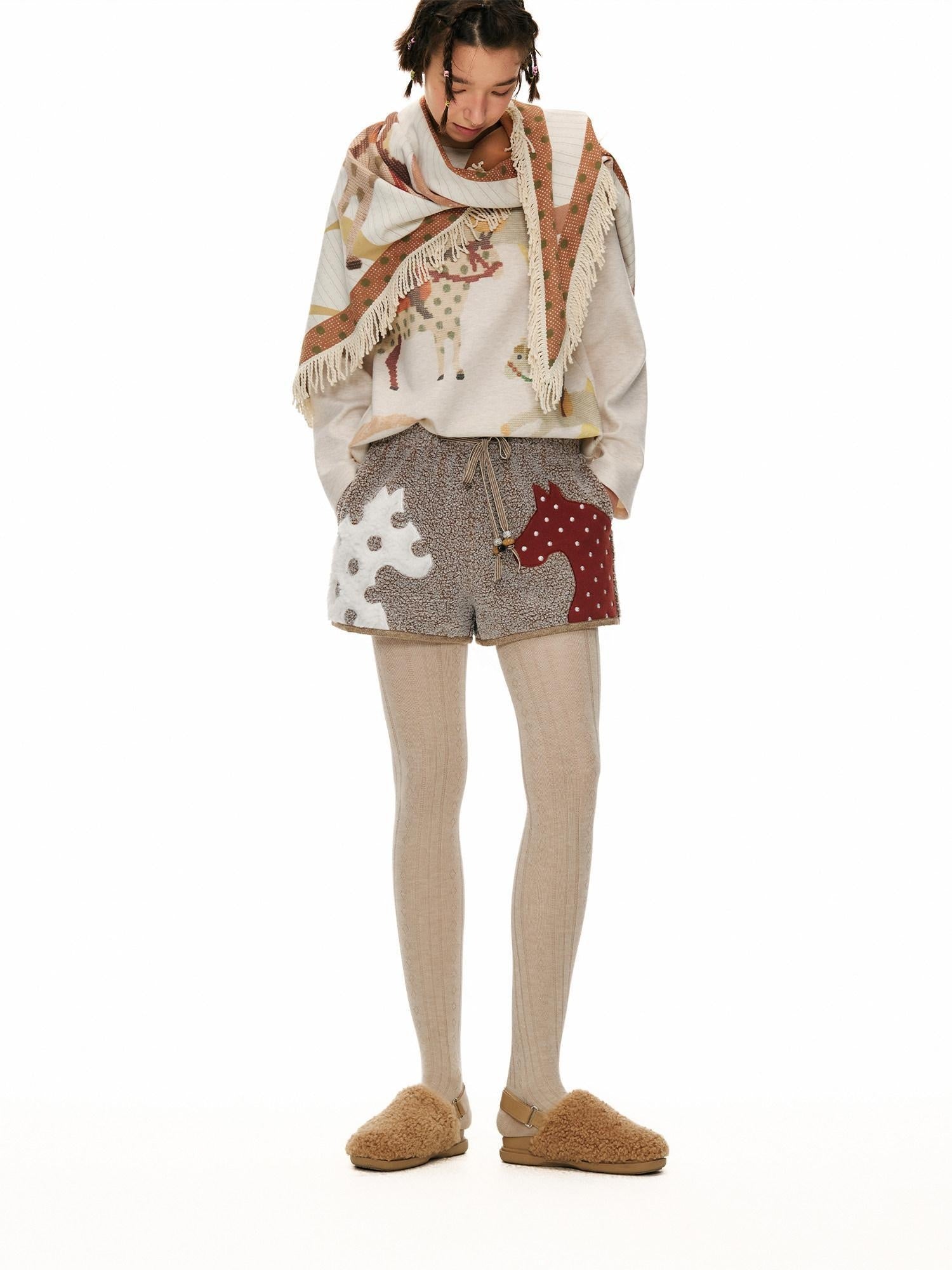 Outthe Blue Mocha Animal Print Drawstring Natural Waist Women Applique Mini Shorts