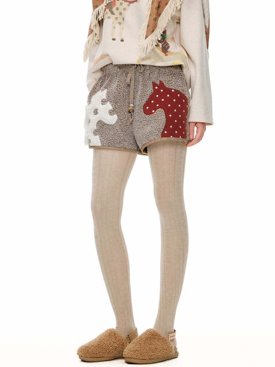 Outthe Blue Mocha Animal Print Drawstring Natural Waist Women Applique Mini Shorts