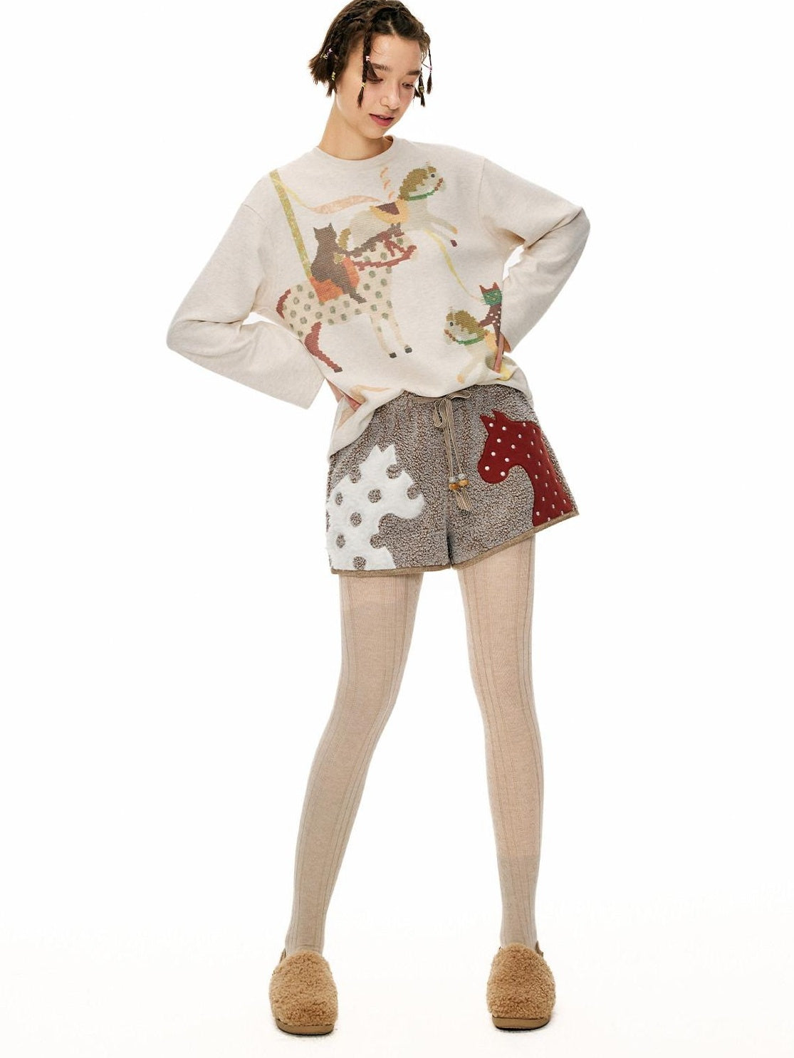 Outthe Blue Mocha Animal Print Drawstring Natural Waist Women Applique Mini Shorts