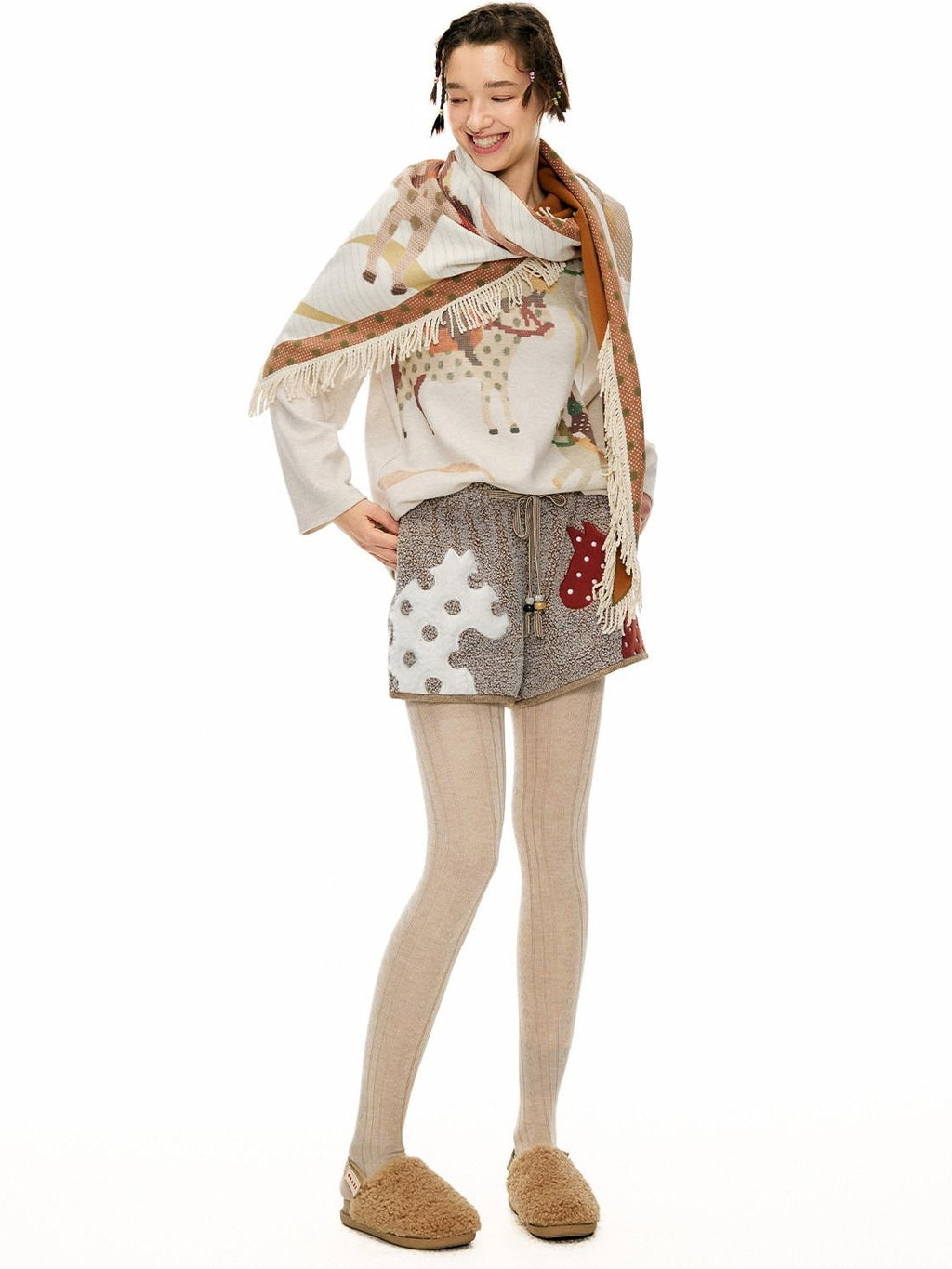 Outthe Blue Mocha Animal Print Drawstring Natural Waist Women Applique Mini Shorts