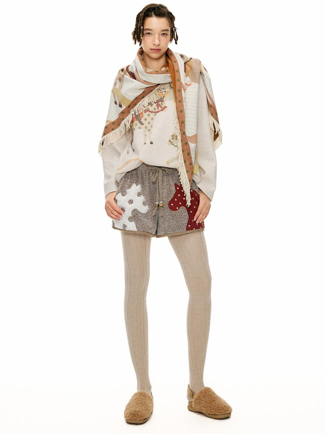 Outthe Blue Mocha Animal Print Drawstring Natural Waist Women Applique Mini Shorts
