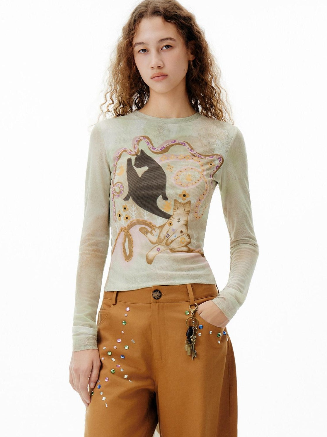 Outthe Blue Moisture Wicking Slim Fit Office Wild Cat Print Chartreuse Long Sleeve T-Shirts
