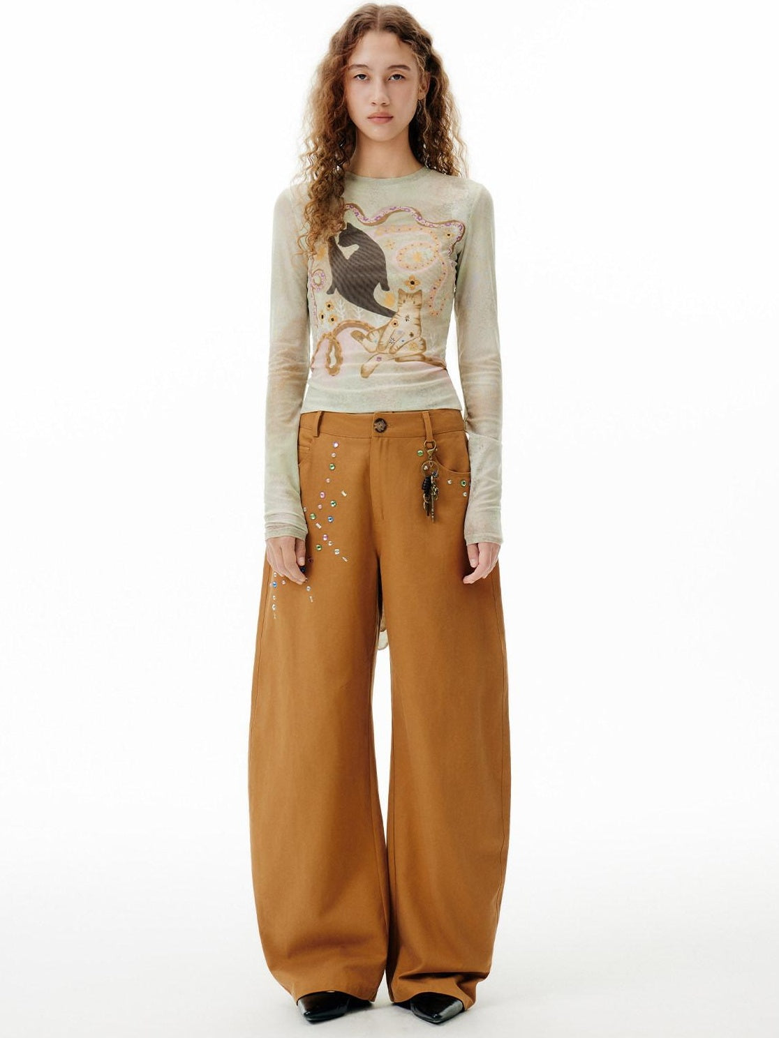Outthe Blue Moisture Wicking Slim Fit Office Wild Cat Print Chartreuse Long Sleeve T-Shirts