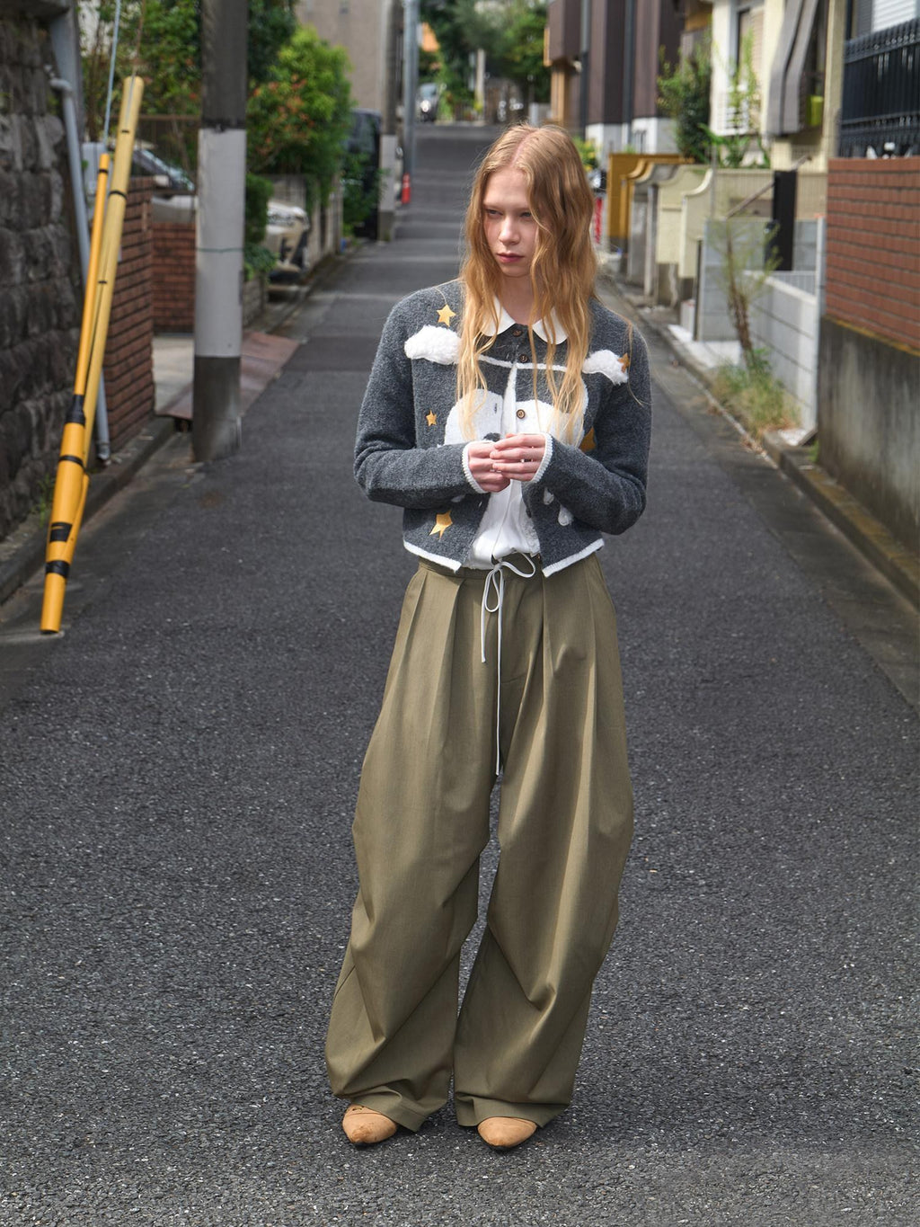 Outthe Blue Moss Green High Waist Loose Wide Leg Casual Stretch Polyester Women Pants