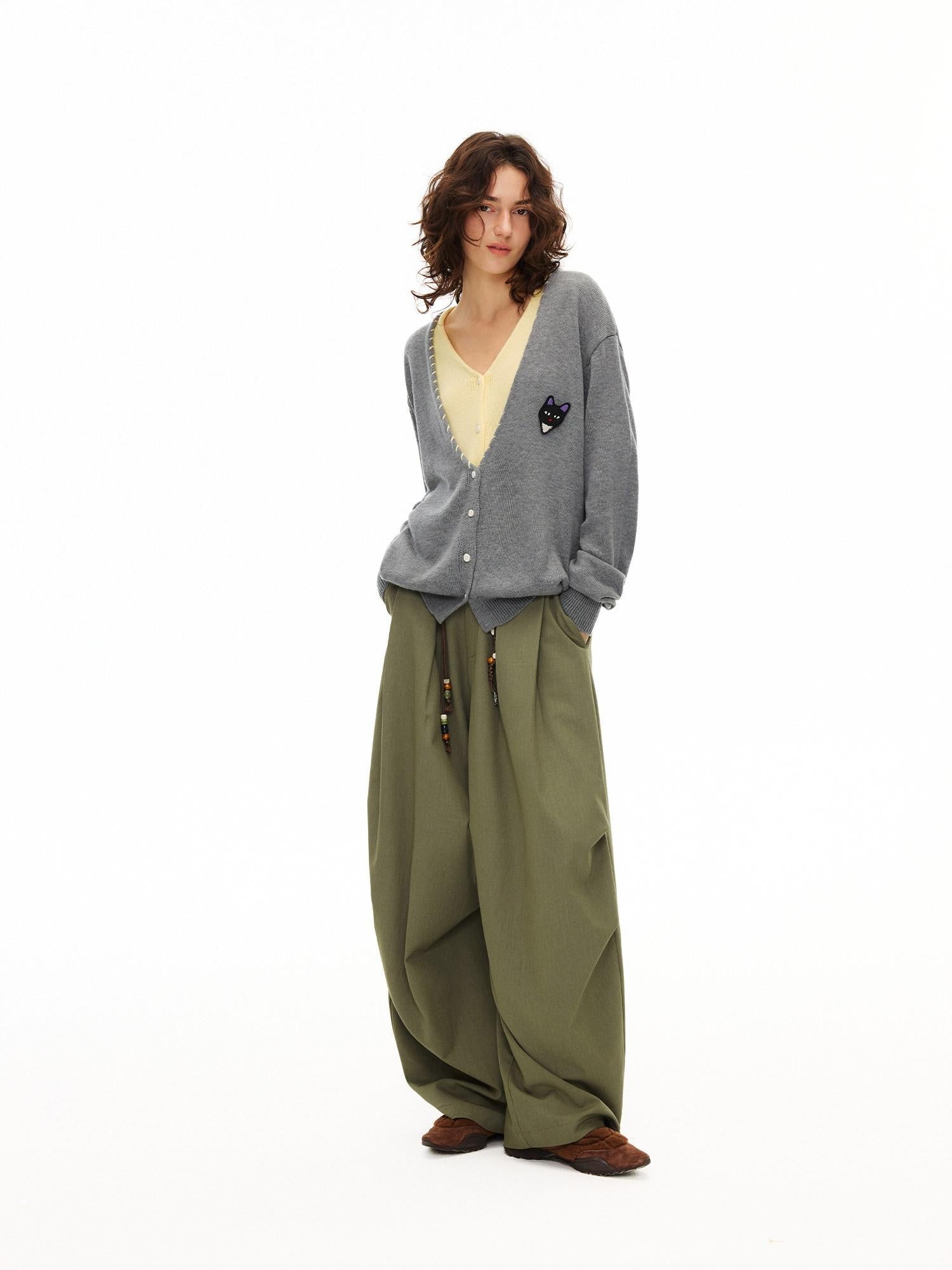 Outthe Blue Moss Green High Waist Loose Wide Leg Casual Stretch Polyester Women Pants