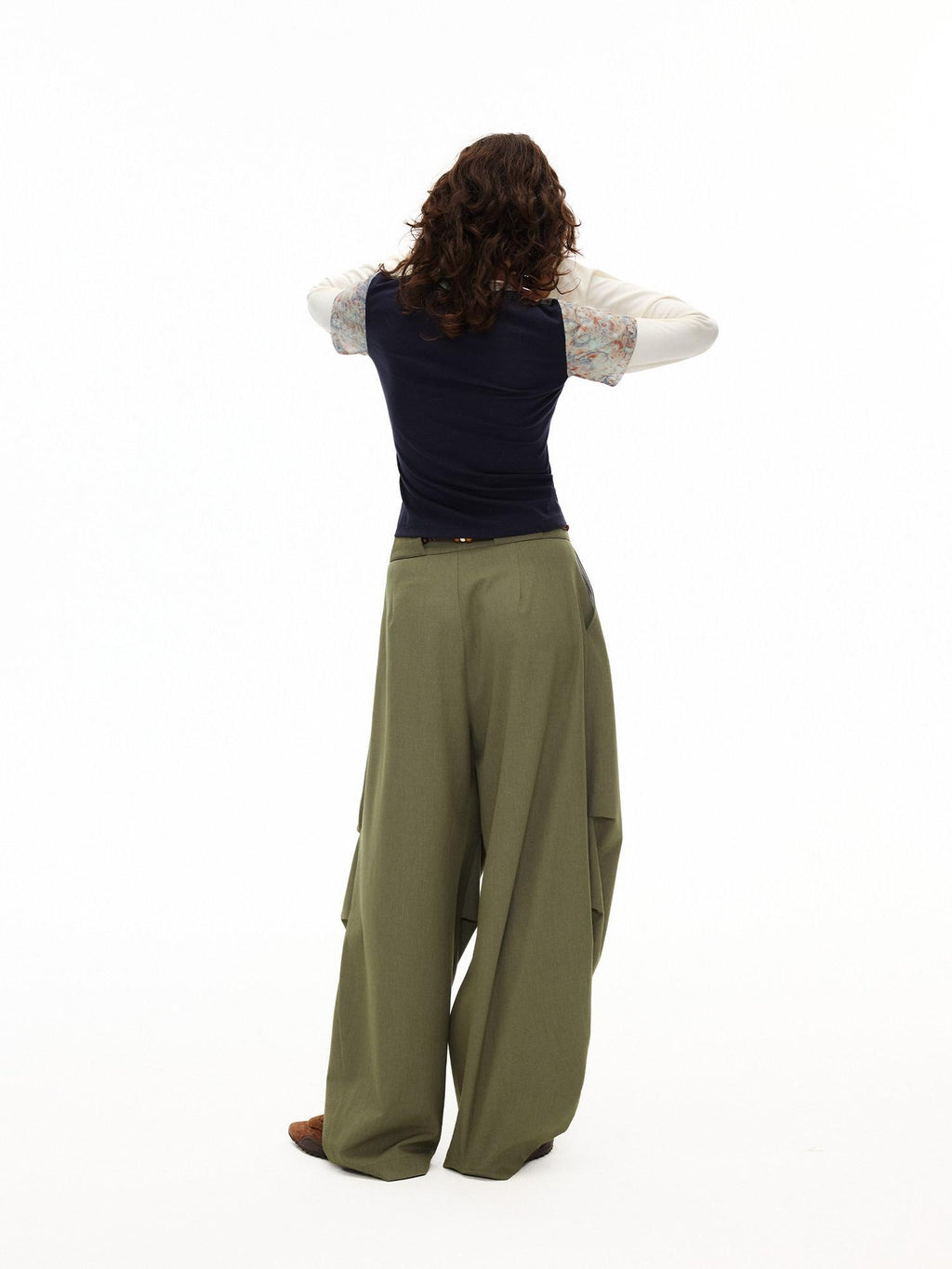 Outthe Blue Moss Green High Waist Loose Wide Leg Casual Stretch Polyester Women Pants