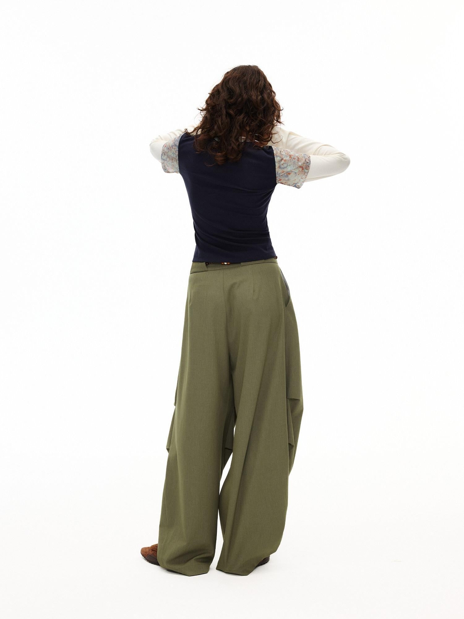 Outthe Blue Moss Green High Waist Loose Wide Leg Casual Stretch Polyester Women Pants