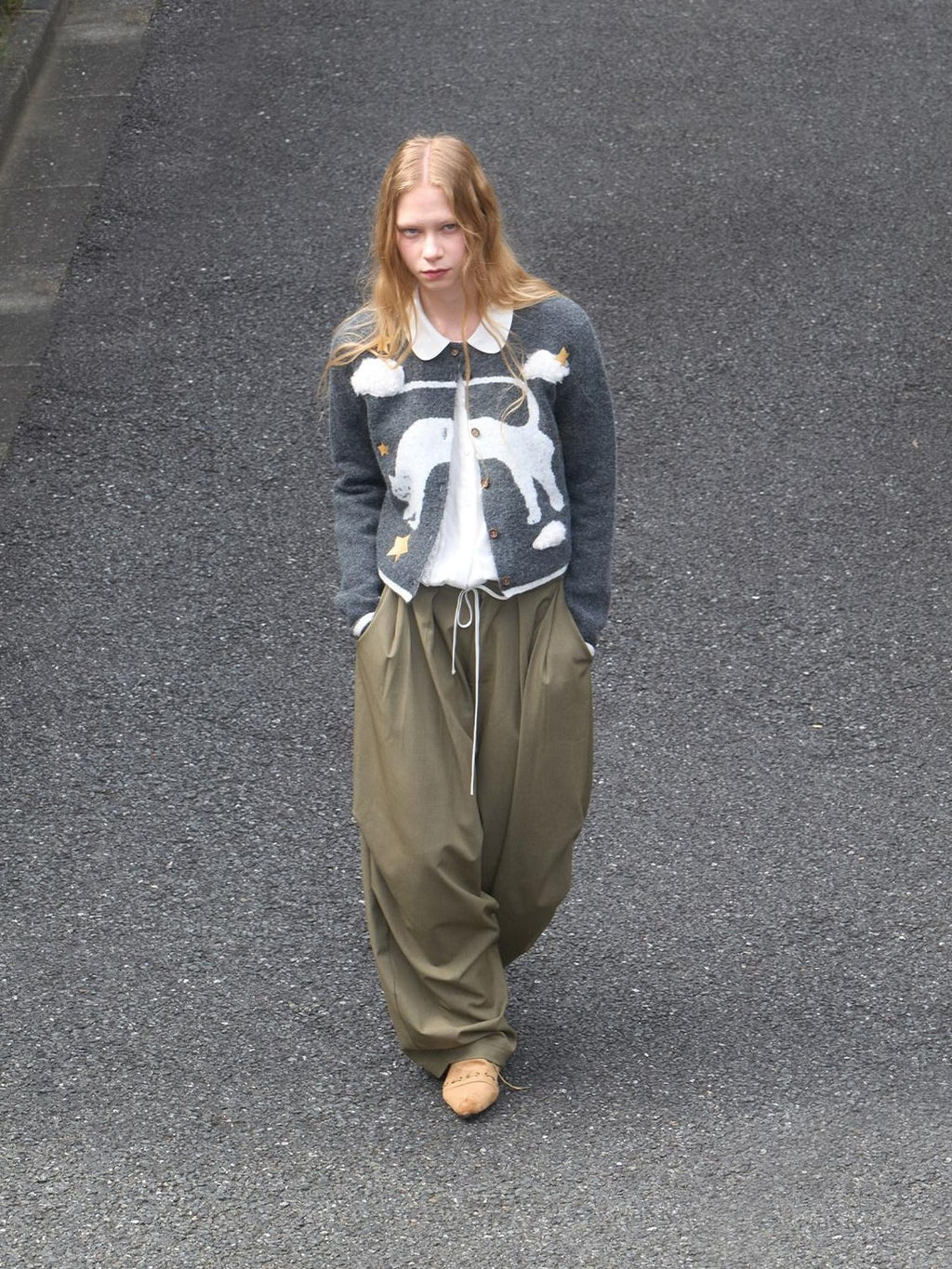 Outthe Blue Moss Green High Waist Loose Wide Leg Casual Stretch Polyester Women Pants