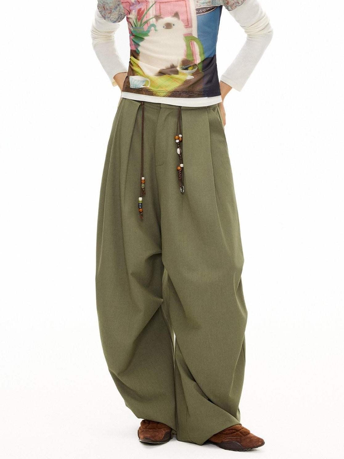 Outthe Blue Moss Green High Waist Loose Wide Leg Casual Stretch Polyester Women Pants