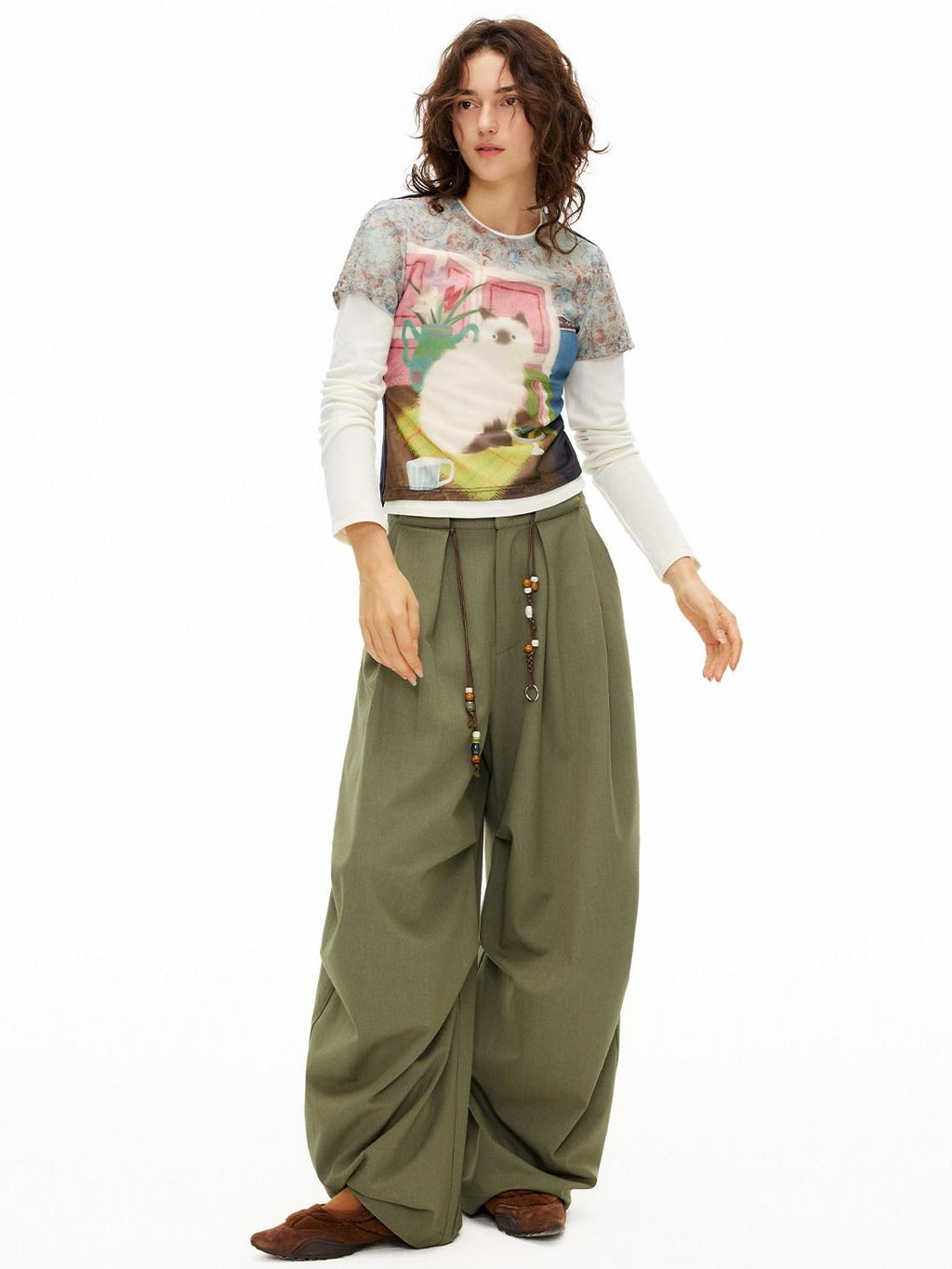 Outthe Blue Moss Green High Waist Loose Wide Leg Casual Stretch Polyester Women Pants