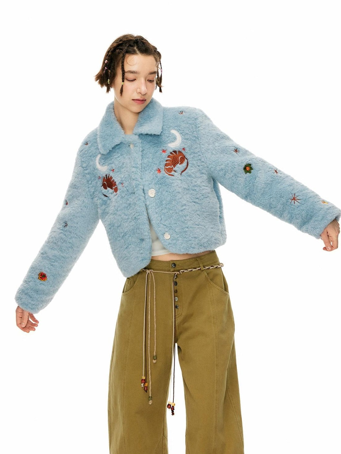 Outthe Blue Padded Embroidered Slim Fit Turn Down Collar Women Polyester Cropped Jackets