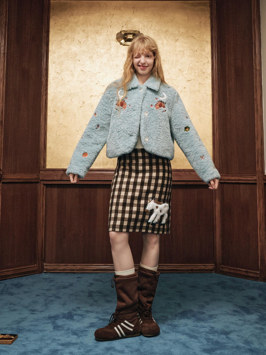 Outthe Blue Padded Embroidered Slim Fit Turn Down Collar Women Polyester Cropped Jackets