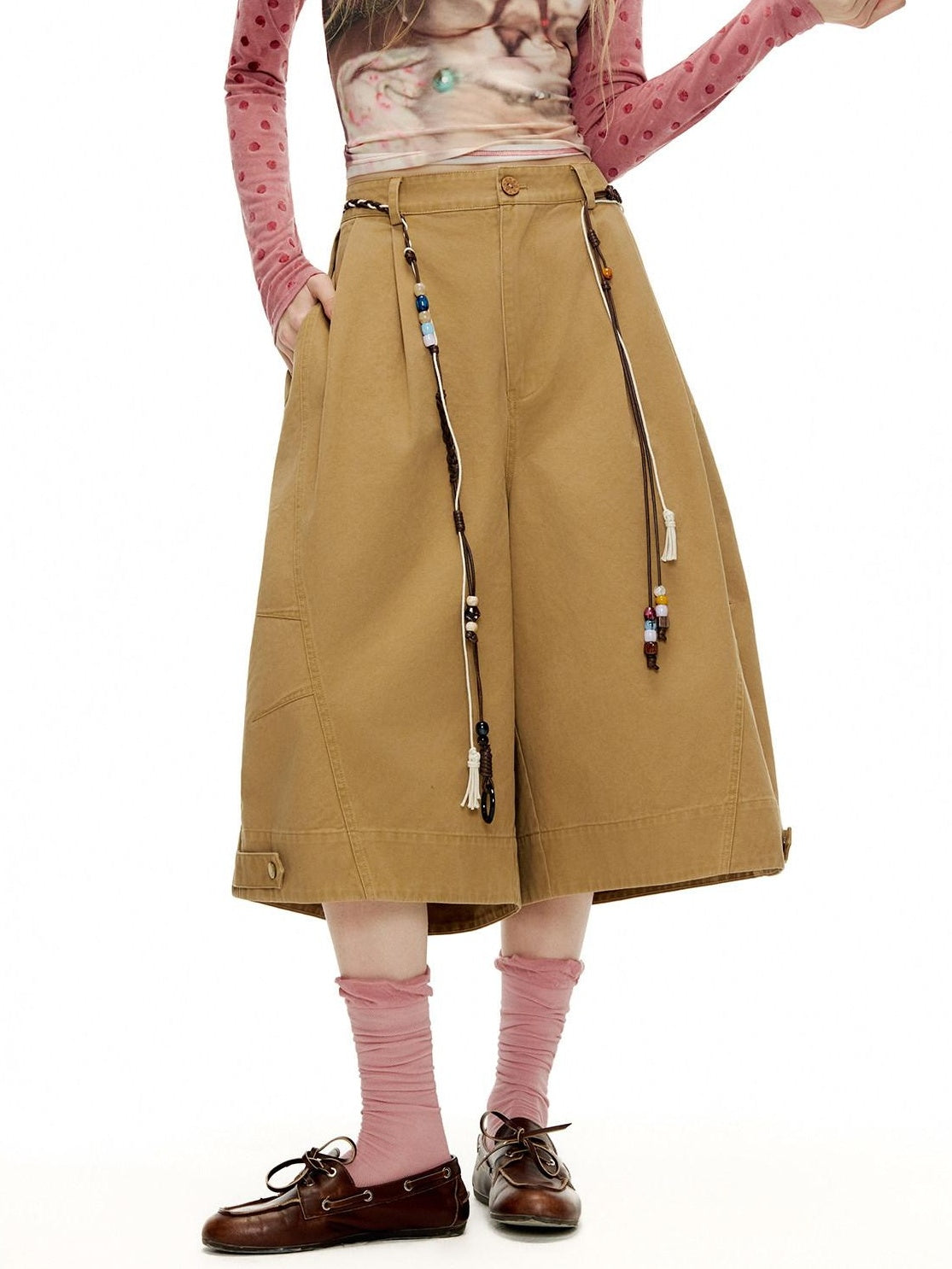 Outthe Blue Pleated Cotton Casual Natural Waist Women Button Fly Dusty Rose Straight Pants