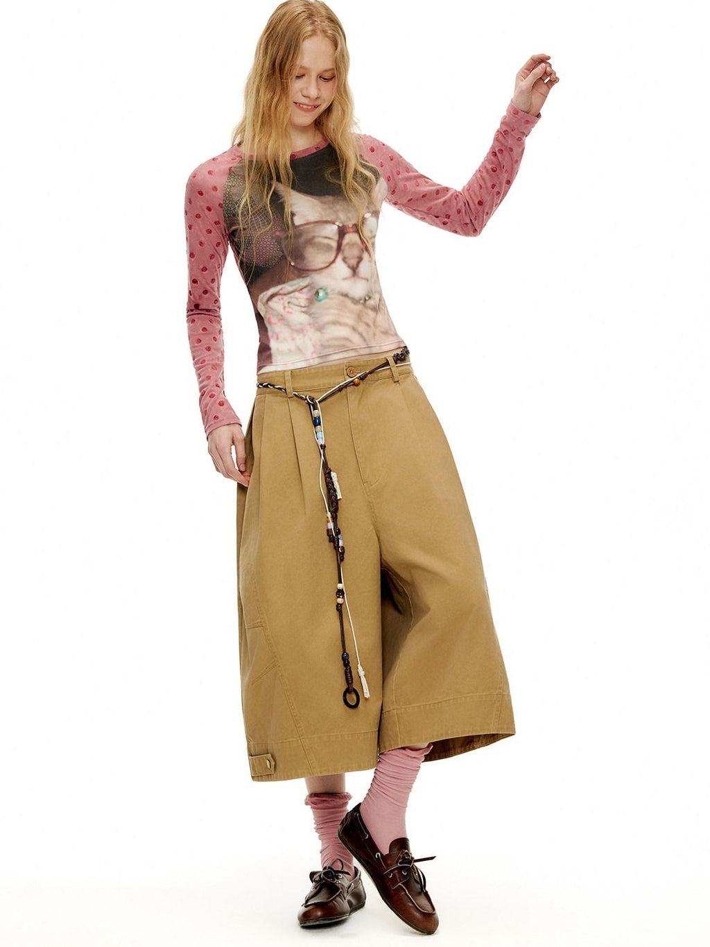 Outthe Blue Pleated Cotton Casual Natural Waist Women Button Fly Dusty Rose Straight Pants