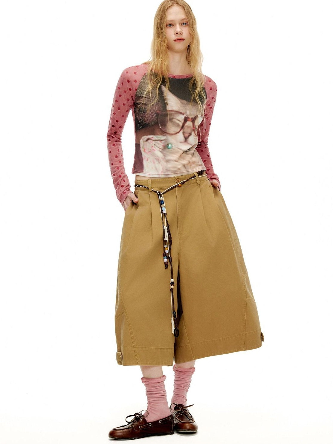 Outthe Blue Pleated Cotton Casual Natural Waist Women Button Fly Dusty Rose Straight Pants