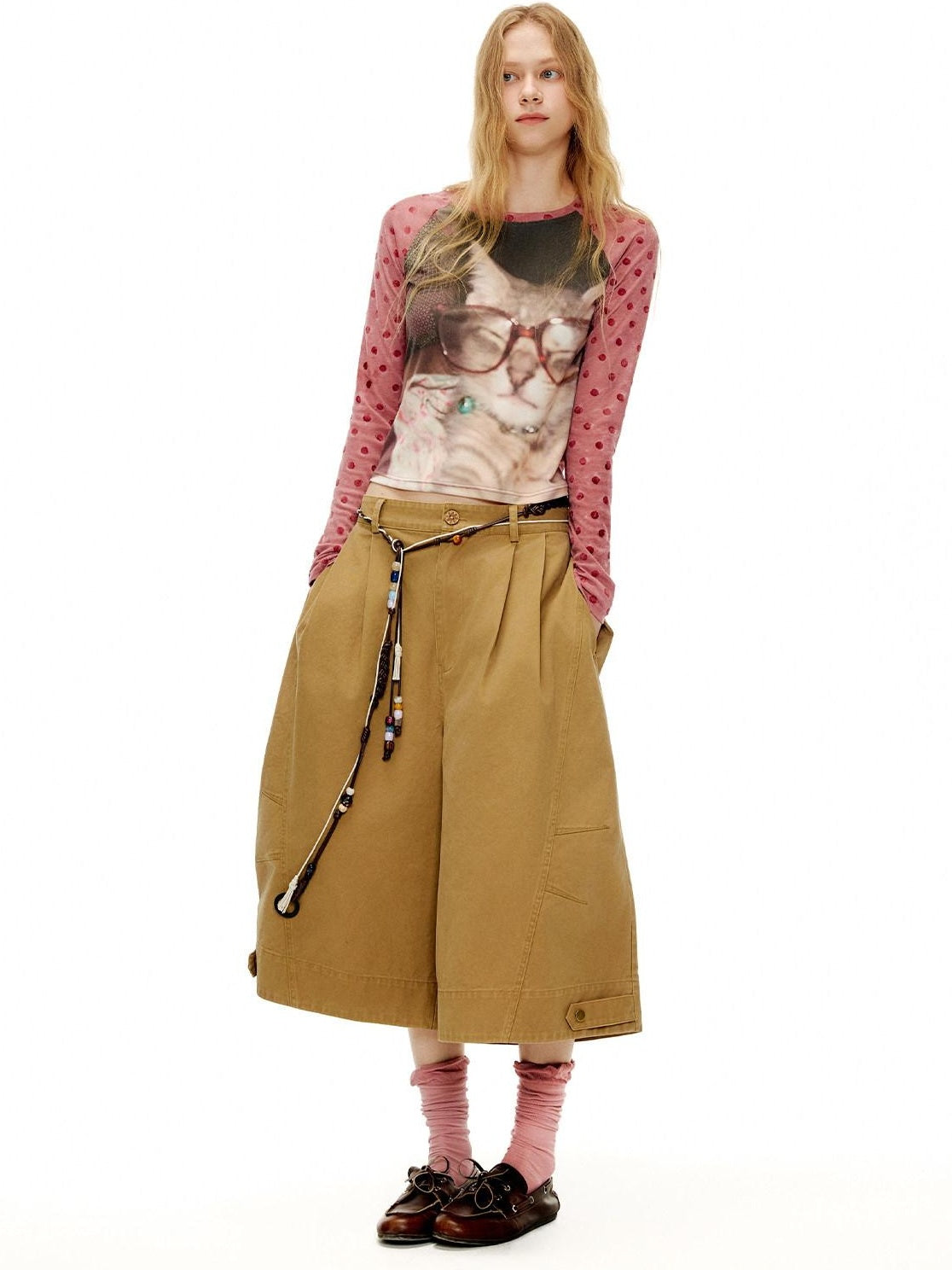 Outthe Blue Pleated Cotton Casual Natural Waist Women Button Fly Dusty Rose Straight Pants