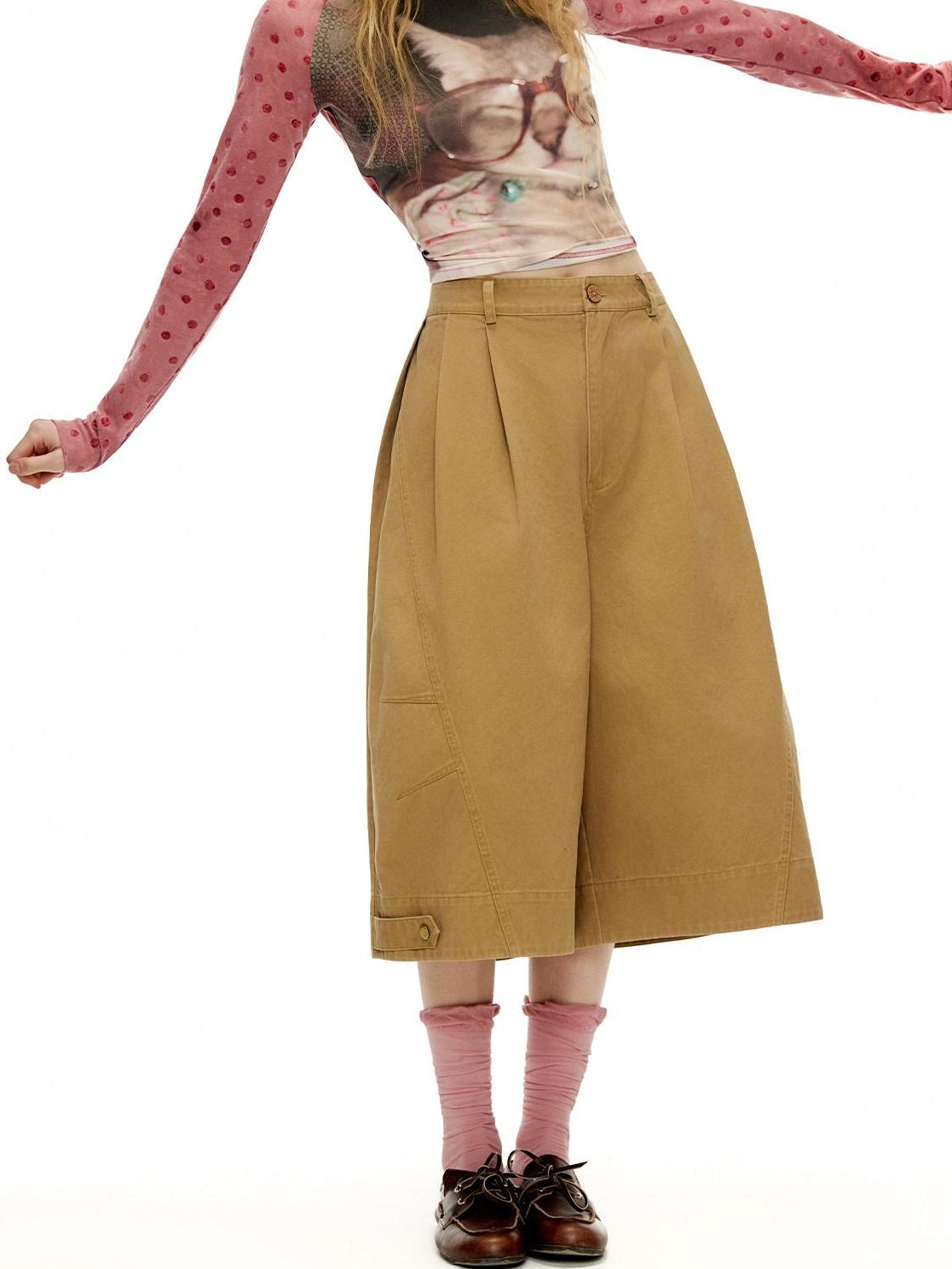 Outthe Blue Pleated Cotton Casual Natural Waist Women Button Fly Dusty Rose Straight Pants