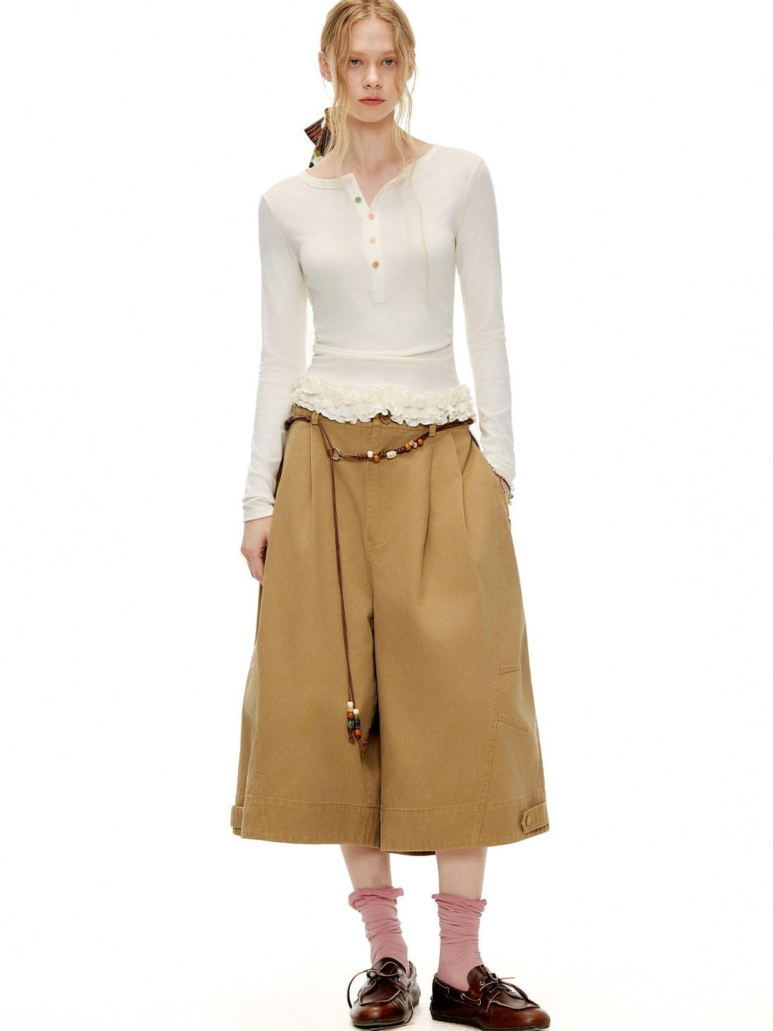 Outthe Blue Pleated Cotton Casual Natural Waist Women Button Fly Dusty Rose Straight Pants