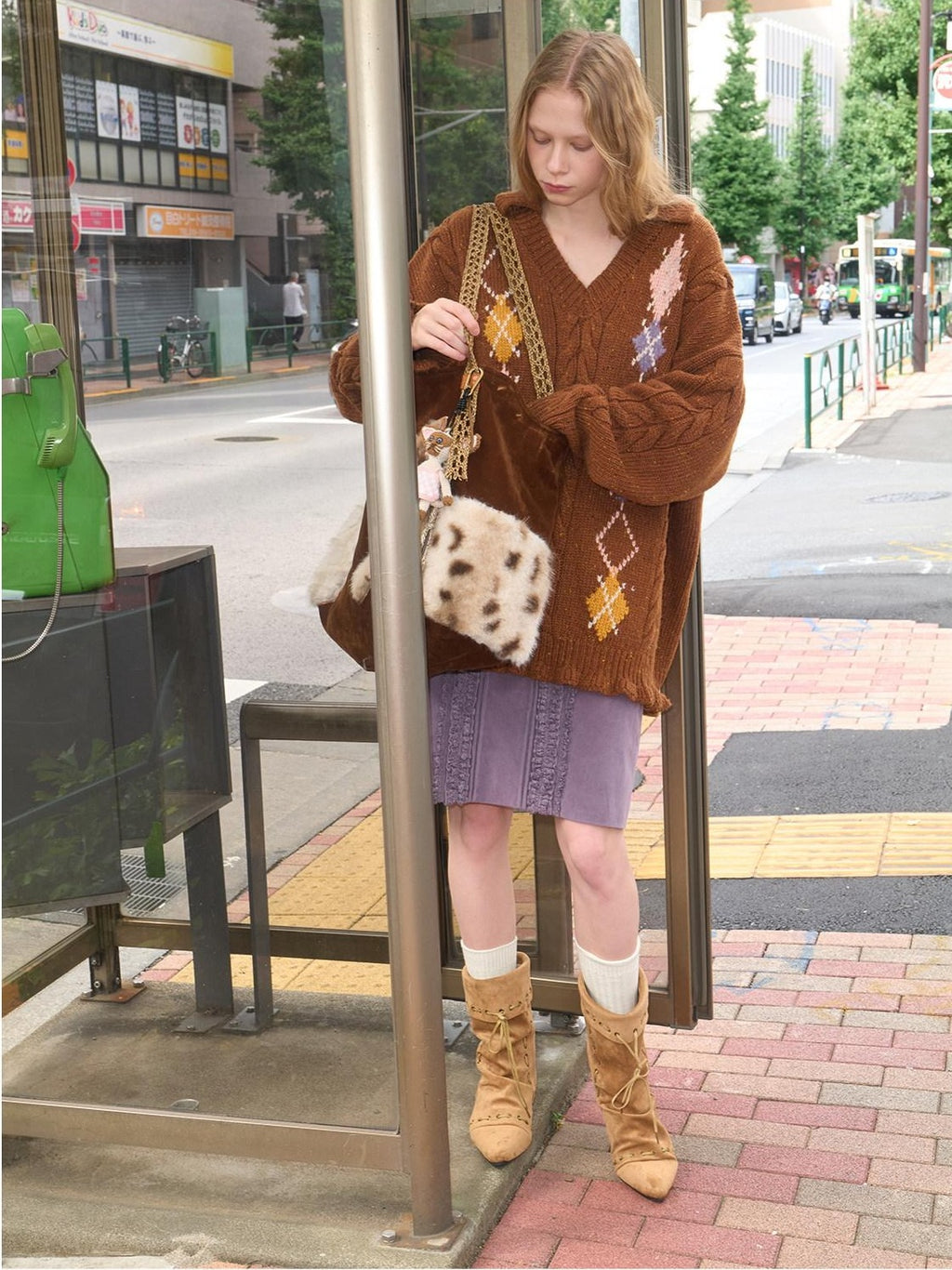 Outthe Blue Plush Cat Patchwork Casual Minimalist Square Handheld Women Caramel Tote Bags