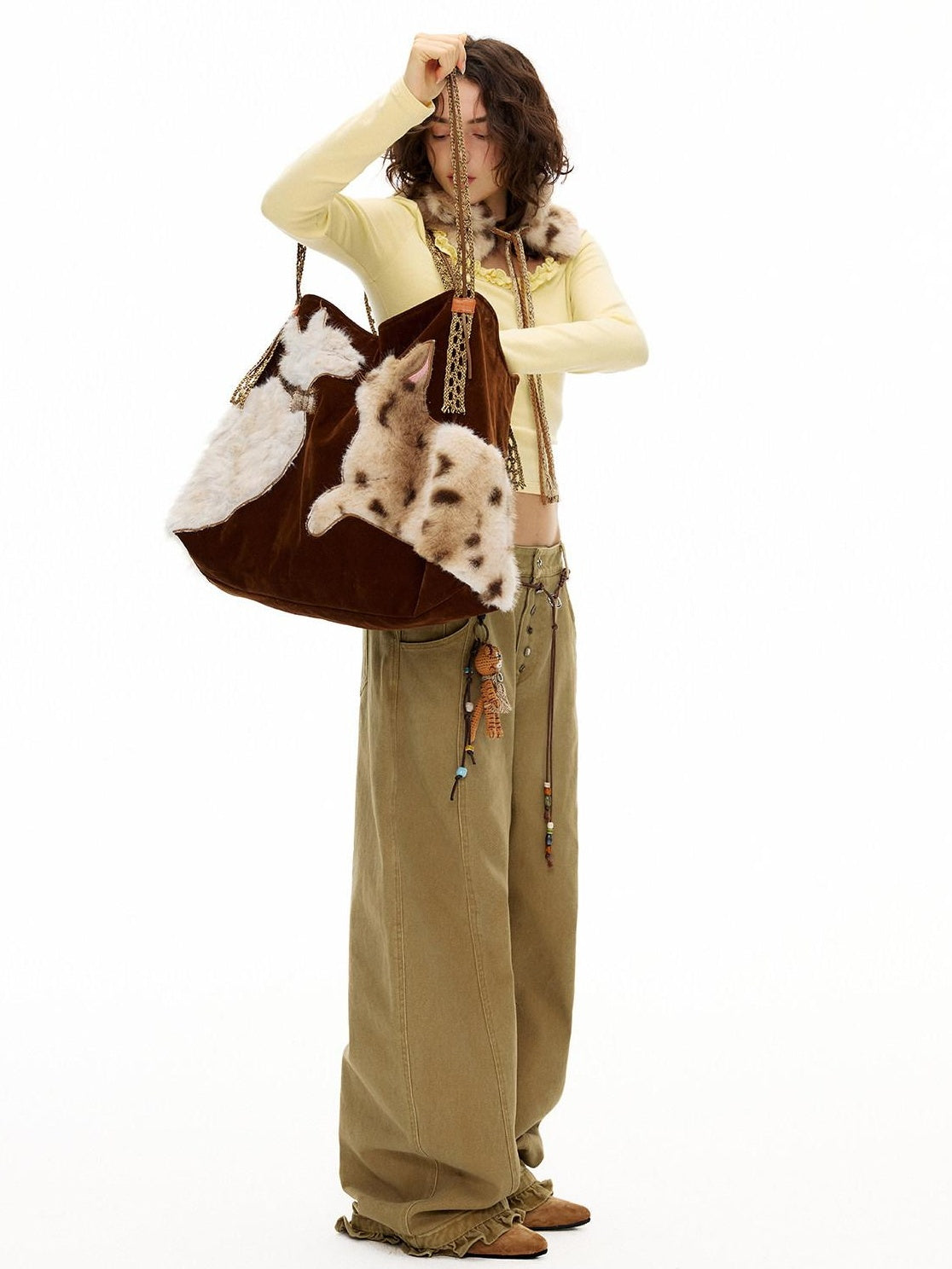 Outthe Blue Plush Cat Patchwork Casual Minimalist Square Handheld Women Caramel Tote Bags