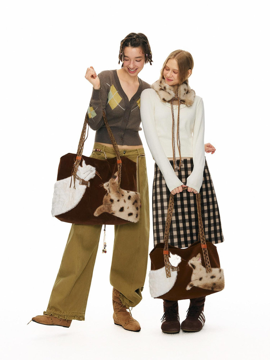 Outthe Blue Plush Cat Patchwork Casual Minimalist Square Handheld Women Caramel Tote Bags