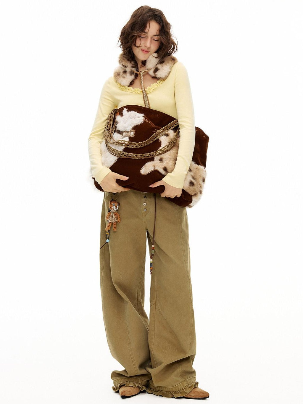 Outthe Blue Plush Cat Patchwork Casual Minimalist Square Handheld Women Caramel Tote Bags