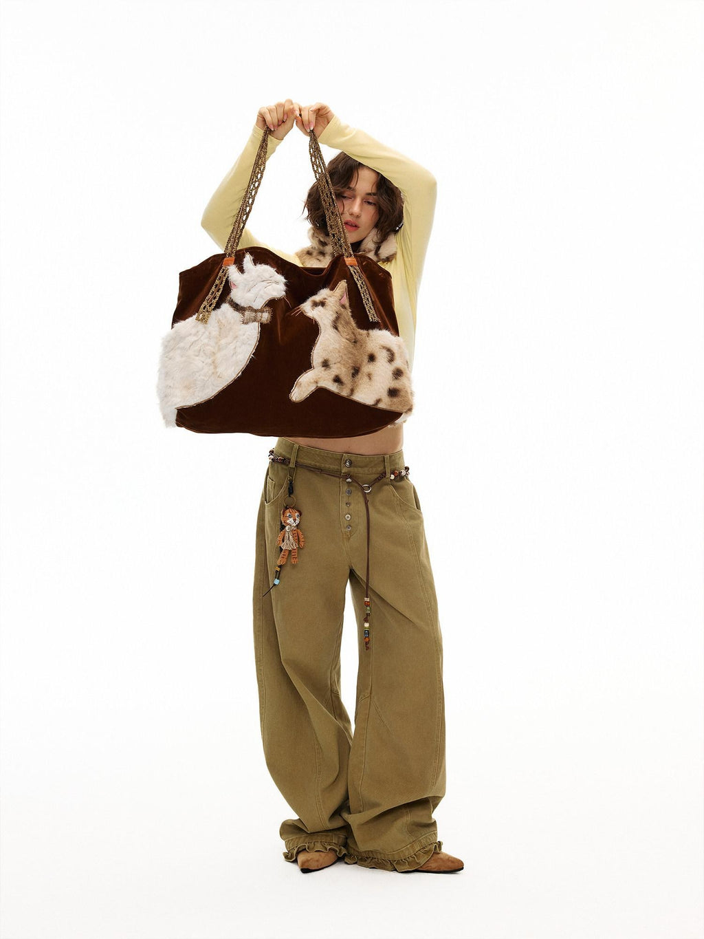 Outthe Blue Plush Cat Patchwork Casual Minimalist Square Handheld Women Caramel Tote Bags