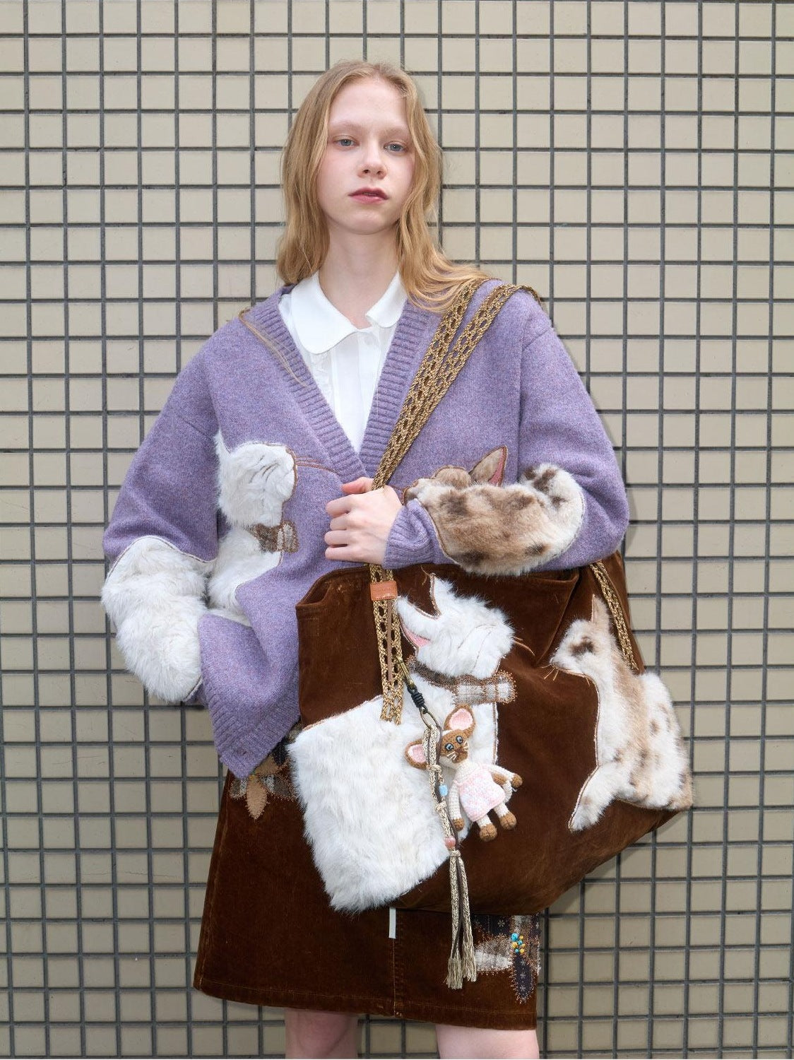 Outthe Blue Plush Cat Patchwork Casual Minimalist Square Handheld Women Caramel Tote Bags