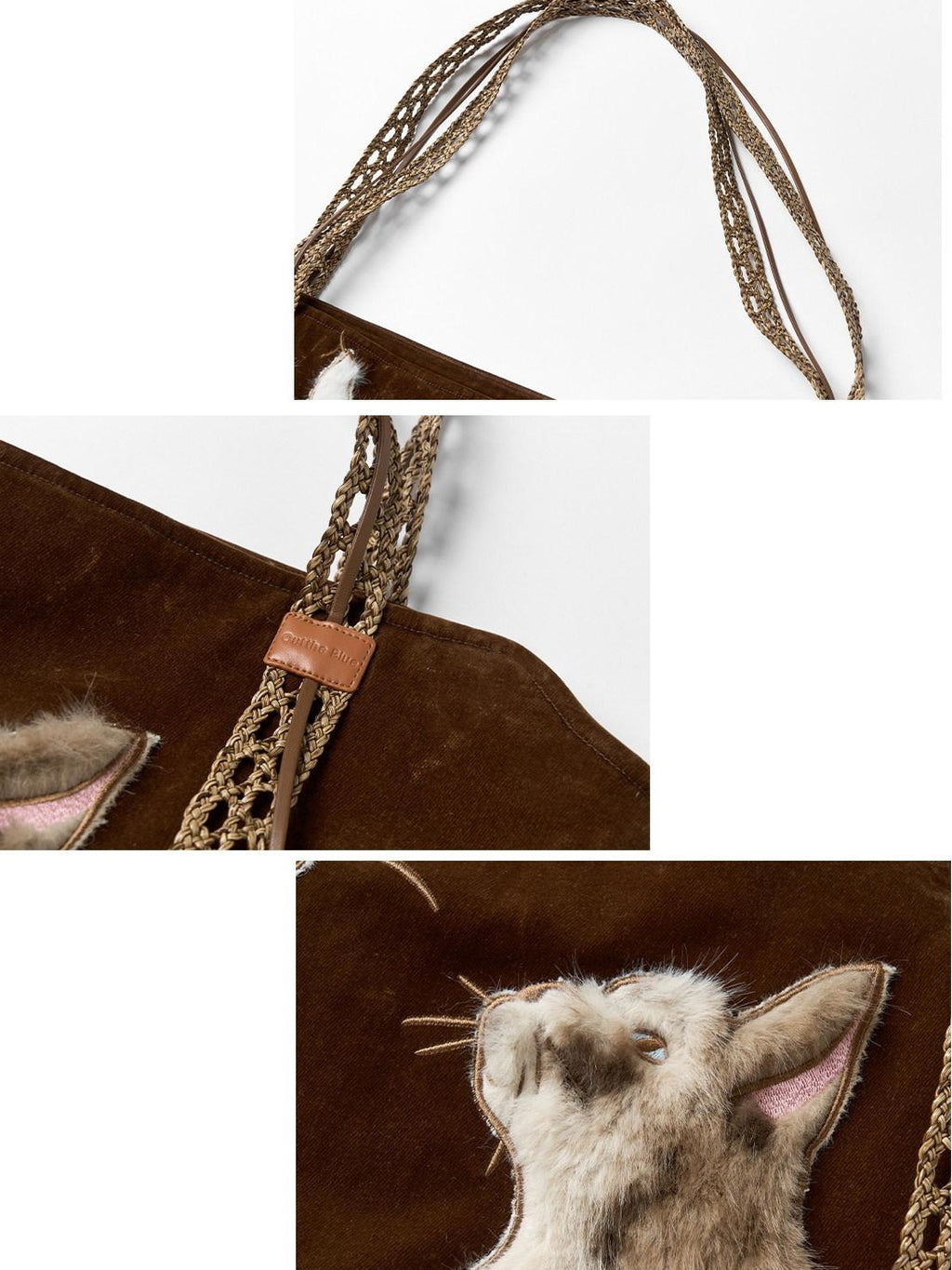 Outthe Blue Plush Cat Patchwork Casual Minimalist Square Handheld Women Caramel Tote Bags