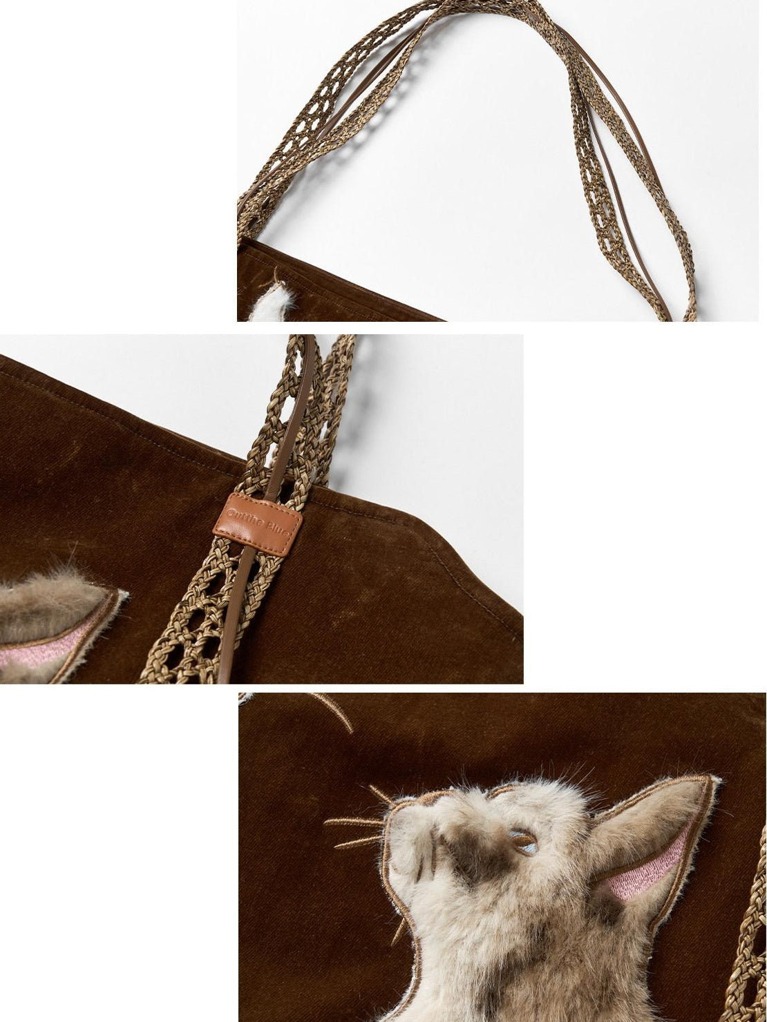 Outthe Blue Plush Cat Patchwork Casual Minimalist Square Handheld Women Caramel Tote Bags