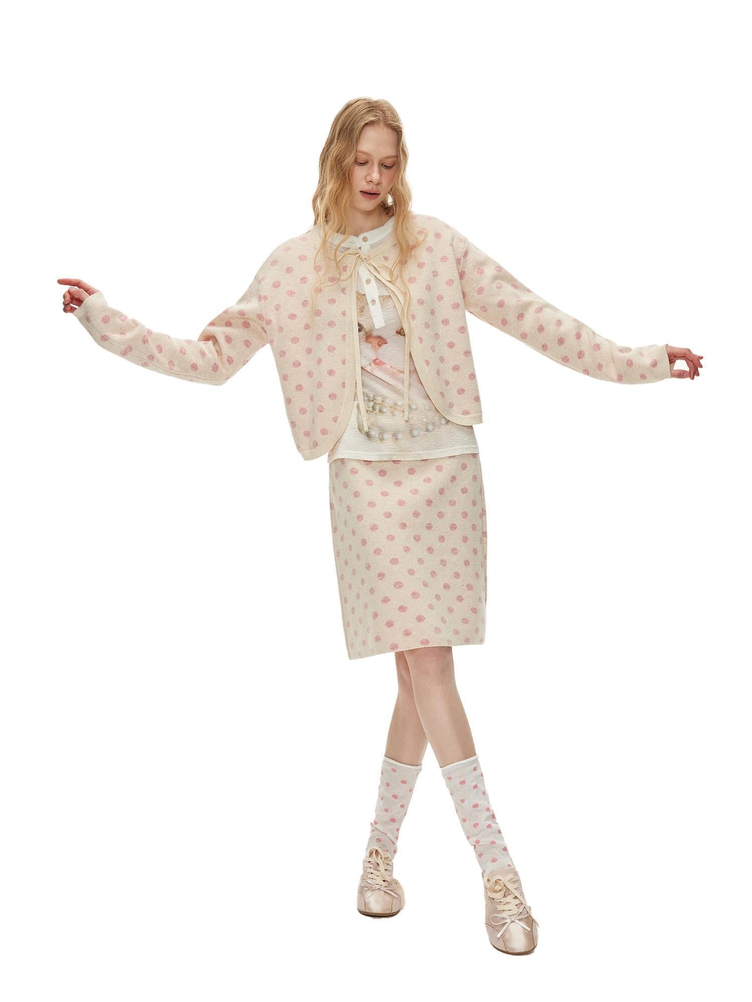 Outthe Blue Polka Dot Crop High Waist Knit Cardigan Loose Fit Women Casual Top & Skirt Sets