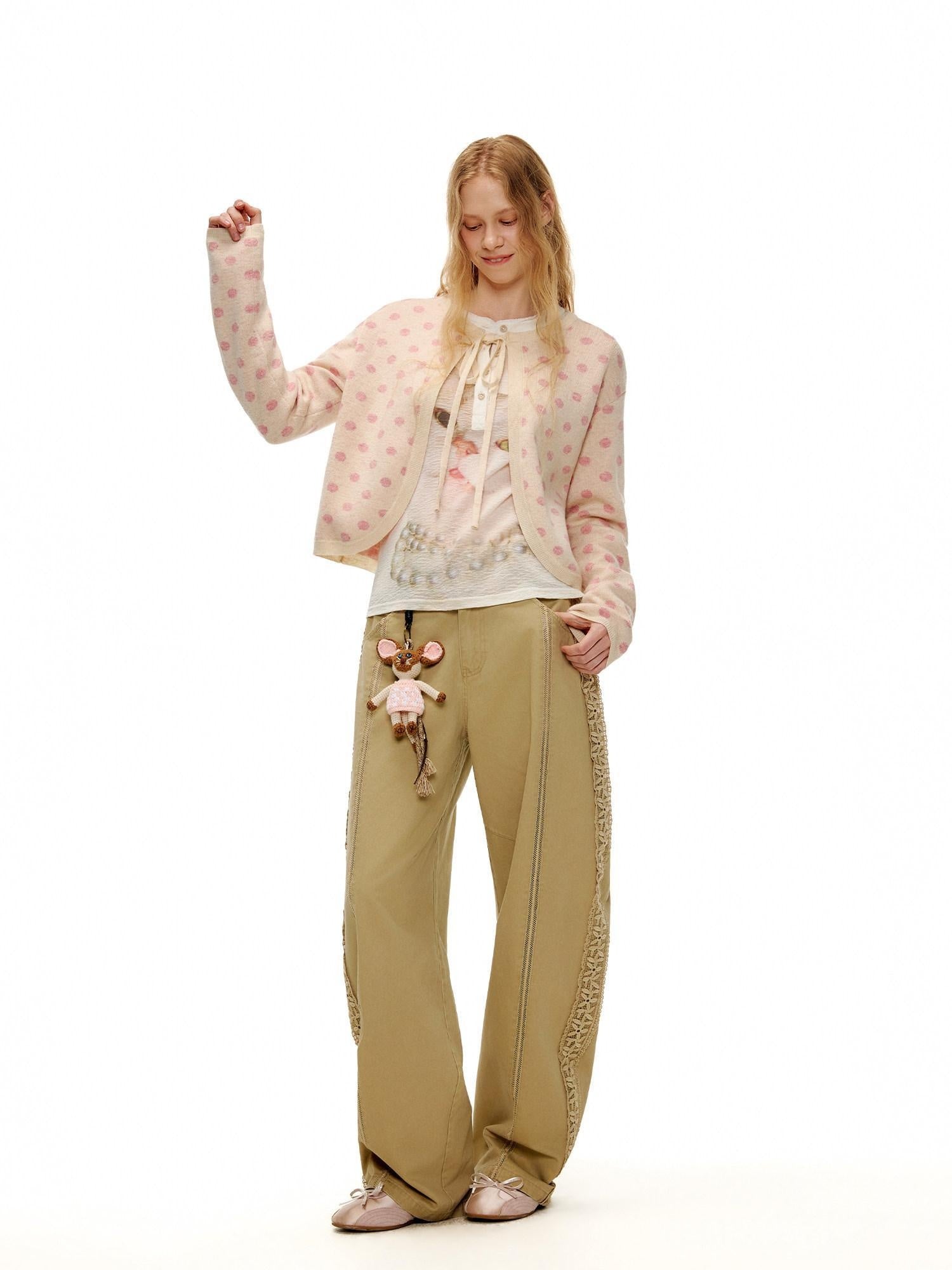 Outthe Blue Polka Dot Crop High Waist Knit Cardigan Loose Fit Women Casual Top & Skirt Sets