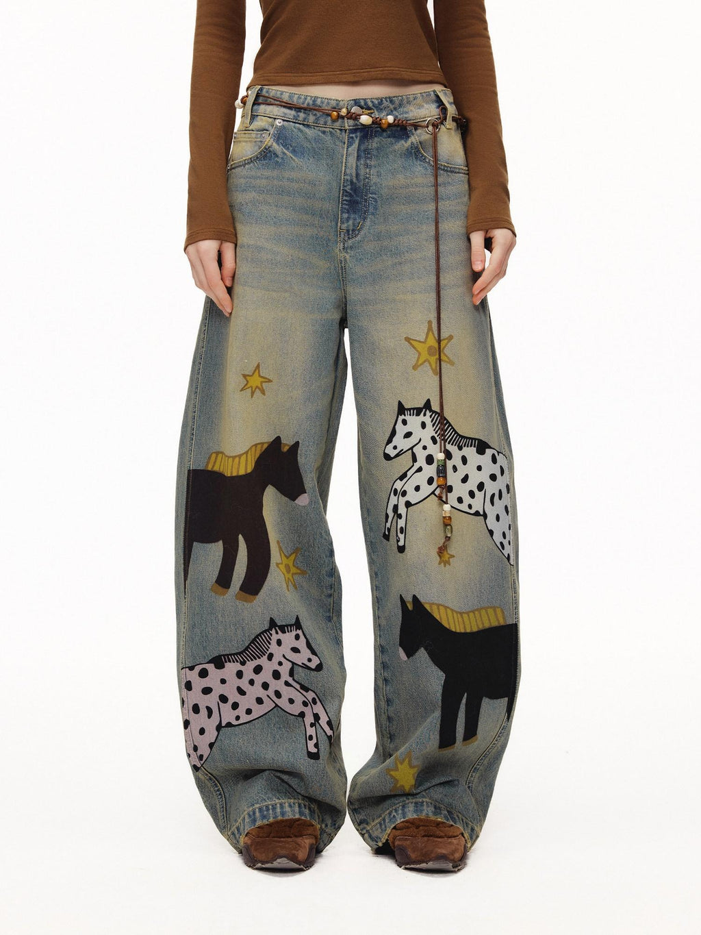 Outthe Blue Retro Washed Animal Print Wide Leg Mid Rise Stretch Women Jeans