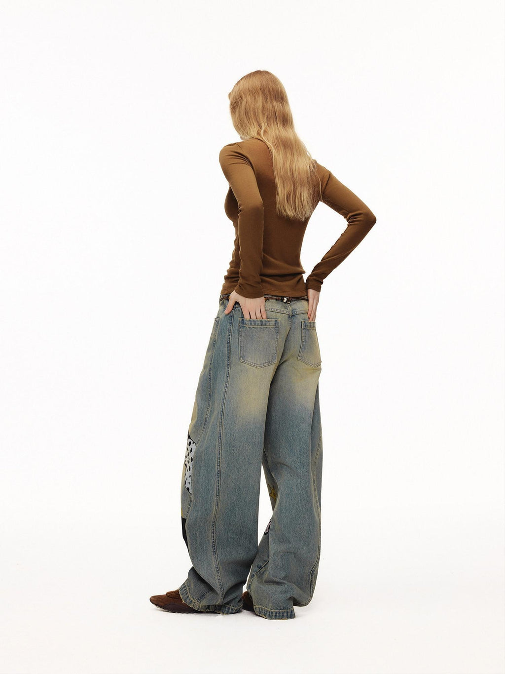 Outthe Blue Retro Washed Animal Print Wide Leg Mid Rise Stretch Women Jeans