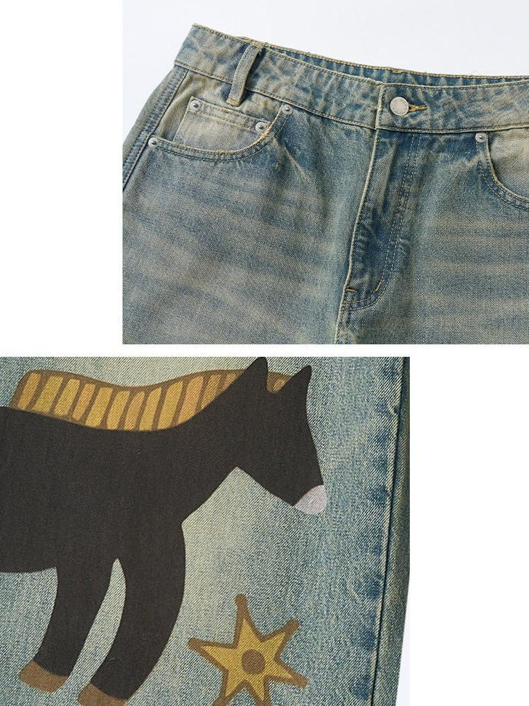 Outthe Blue Retro Washed Animal Print Wide Leg Mid Rise Stretch Women Jeans