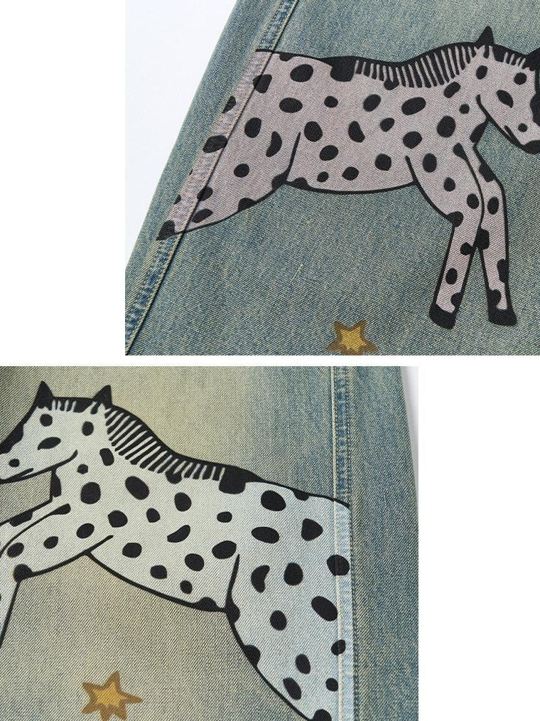 Outthe Blue Retro Washed Animal Print Wide Leg Mid Rise Stretch Women Jeans