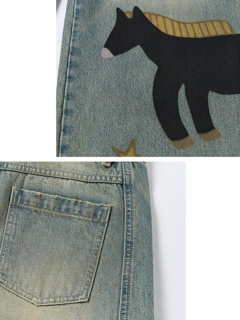 Outthe Blue Retro Washed Animal Print Wide Leg Mid Rise Stretch Women Jeans