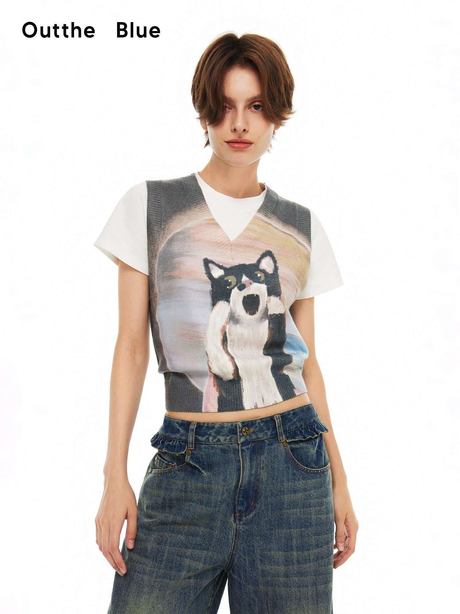 Outthe Blue Soft Acrylic Blend Office Cropped V-neck Sleeveless Animal Print Tank Tops