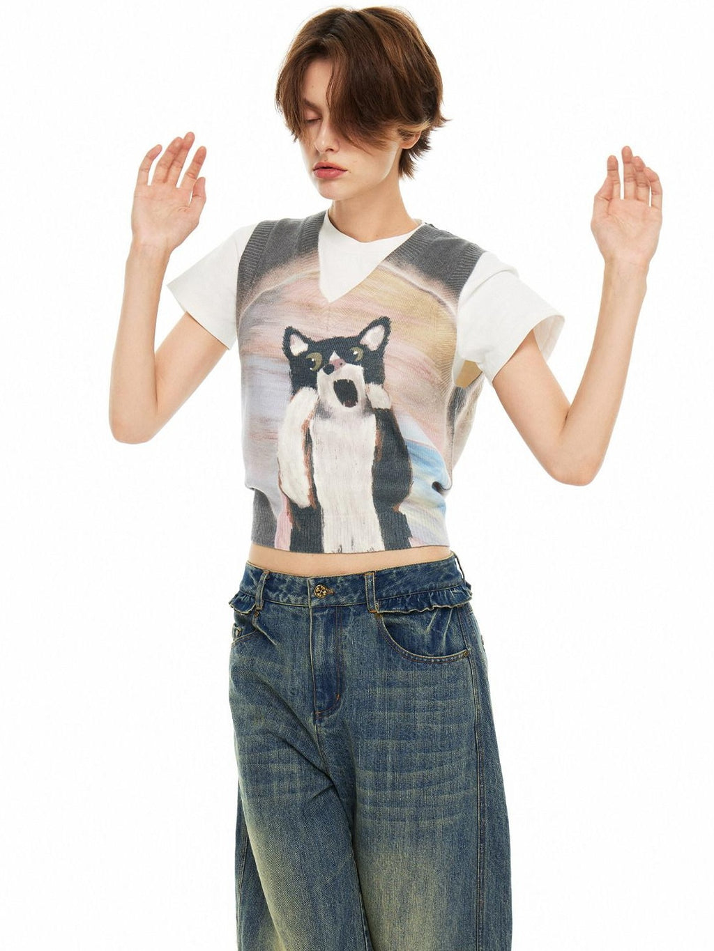 Outthe Blue Soft Acrylic Blend Office Cropped V-neck Sleeveless Animal Print Tank Tops